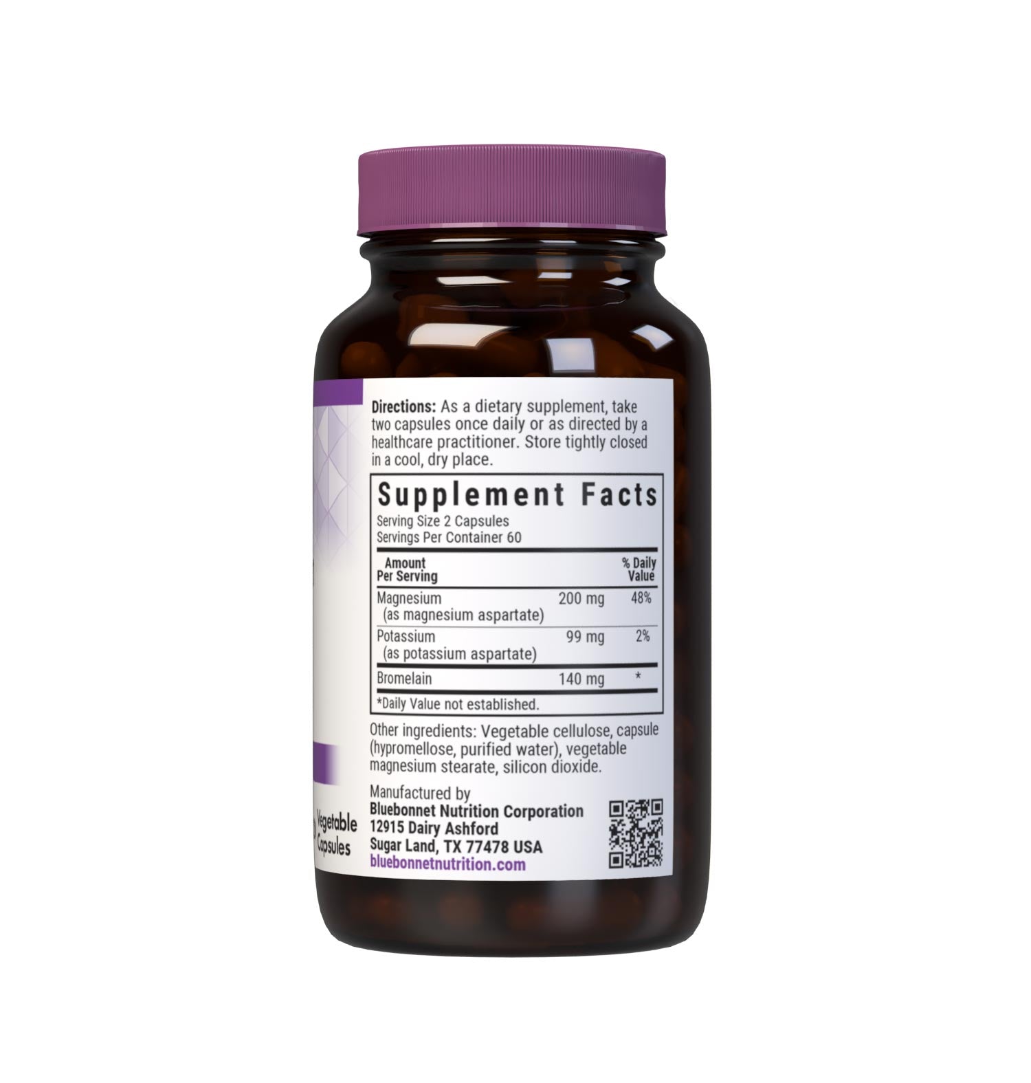 Bluebonnet's Magnesium Potassium & Bromelain 120 Vegetable Capsules are formulated with fully reacted magnesium and potassium aspartate with bromelain (2000 GDU/gram) from fresh pineapples to help support muscle health. Supplement facts panel. #size_120 count