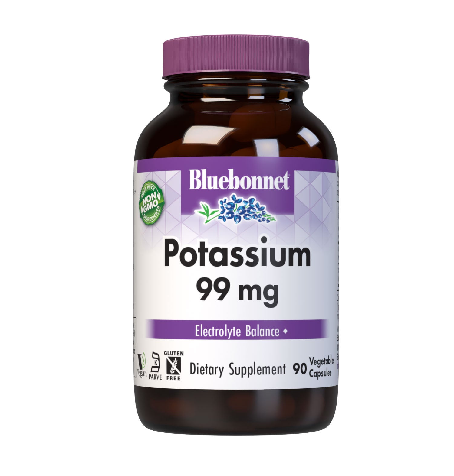 Bluebonnet's Potassium 99 mg 90 Vegetable Capsules are formulated with potassium from reacted potassium aspartate. Potassium is an essential mineral required to support electrolyte balance.  #size_90 count