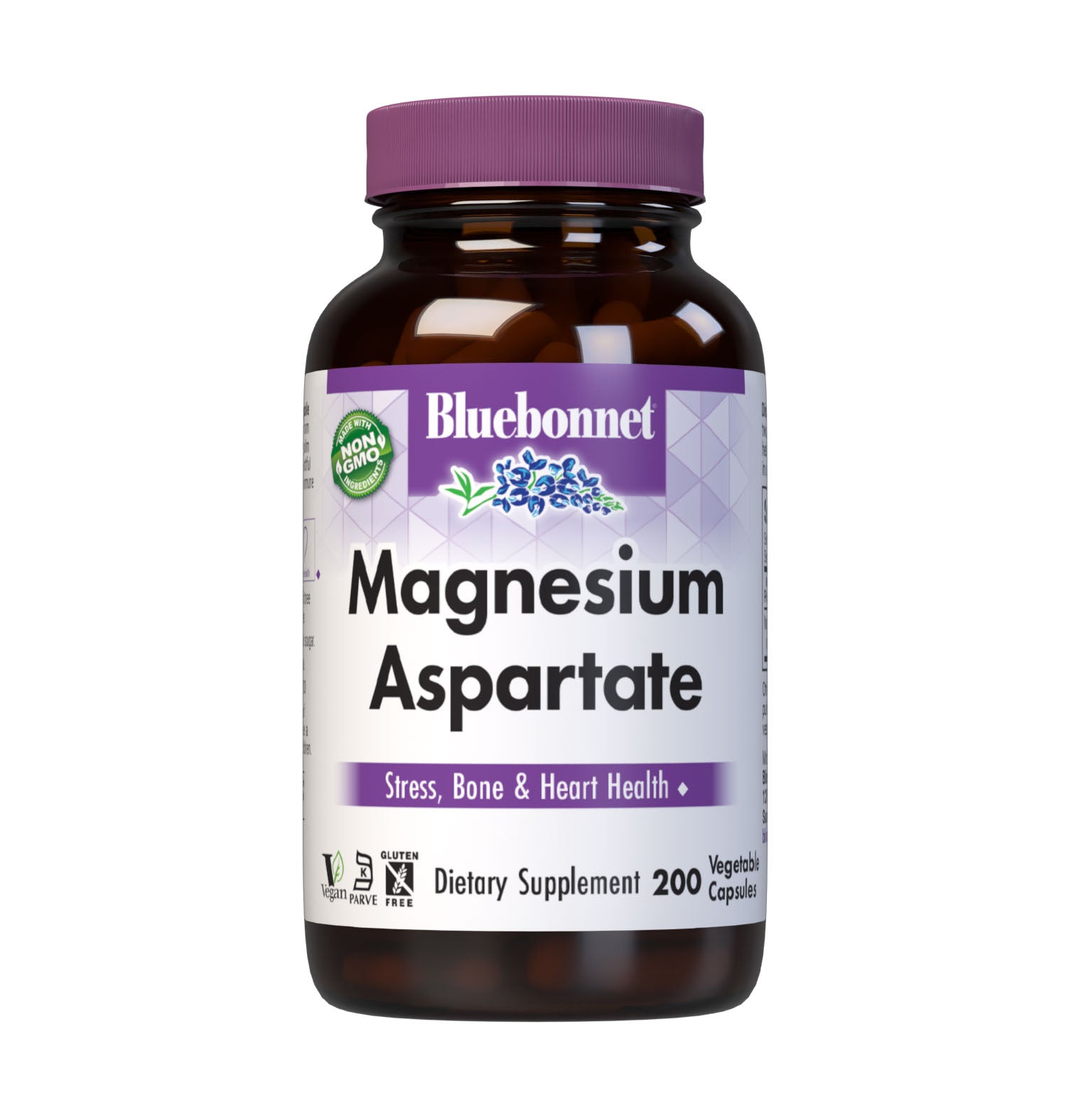 Bluebonnet's Magnesium Aspartate 200 Vegetable Capsules are formulated with magnesium from a chelate of magnesium aspartate. Magnesium is required in over 300 biochemical reactions in the body but is primarily known to calm the mind and body, reduce stress, induce restful sleep, increase bone density, as well as support immune and cardiovascular health. #size_200 count