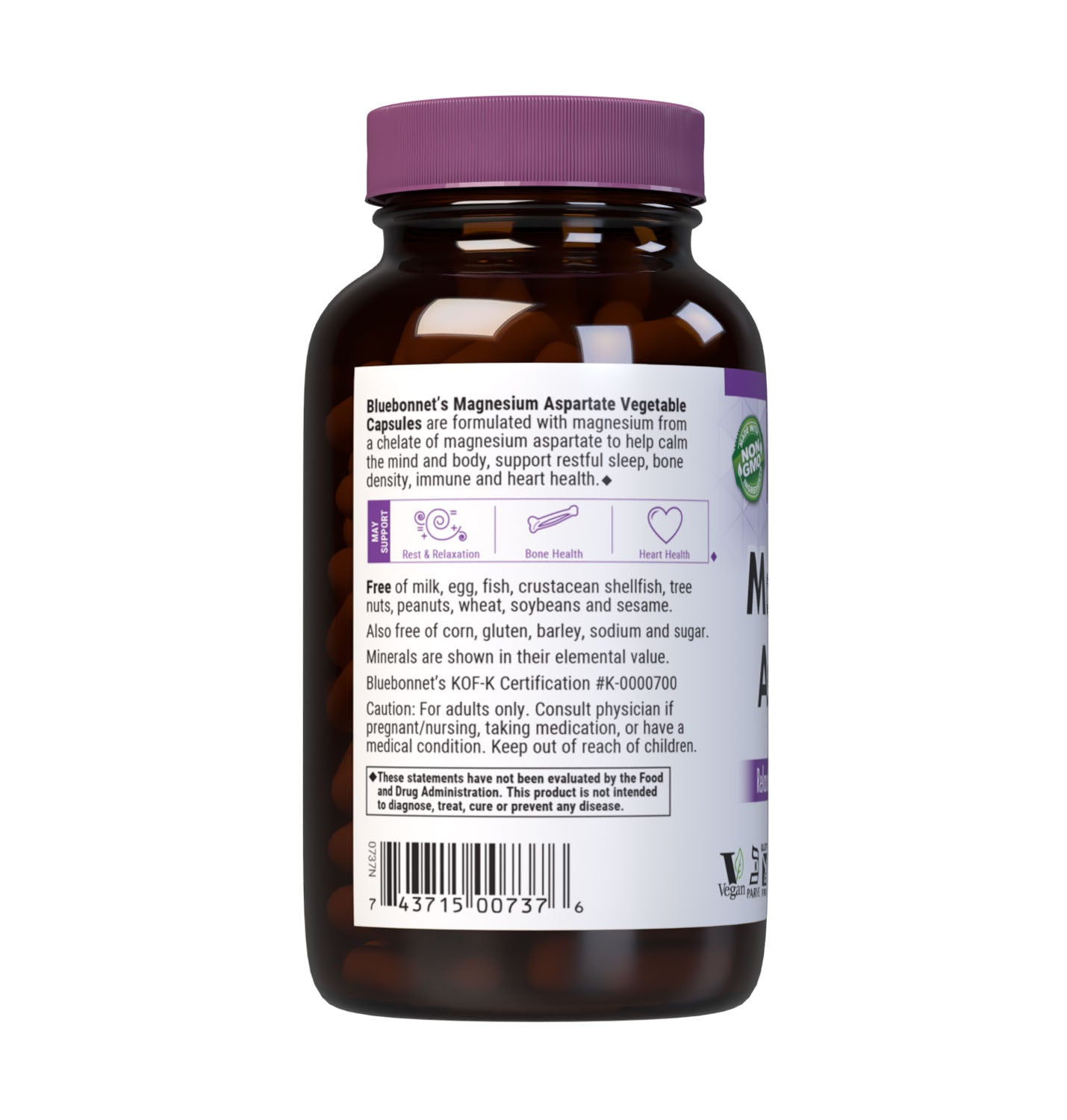 Bluebonnet's Magnesium Aspartate 200 Vegetable Capsules are formulated with magnesium from a chelate of magnesium aspartate. Magnesium is required in over 300 biochemical reactions in the body but is primarily known to calm the mind and body, reduce stress, induce restful sleep, increase bone density, as well as support immune and cardiovascular health. Description panel. #size_200 count