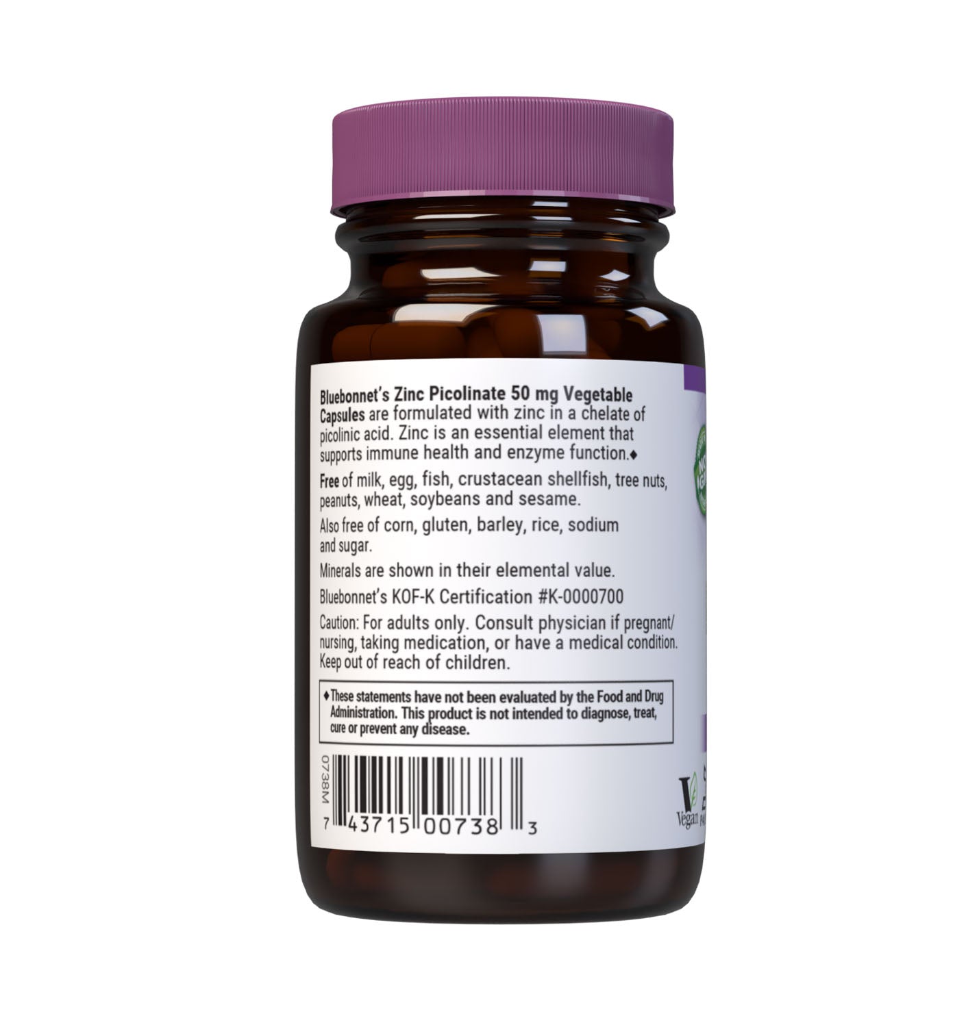 Bluebonnet's Zinc Picolinate 50 mg 50 Vegetable Capsules are formulated with zinc in a chelate of picolinic acid. Zinc is an essential element that is necessary for immune health and enzyme function. Description panel. #size_50 count