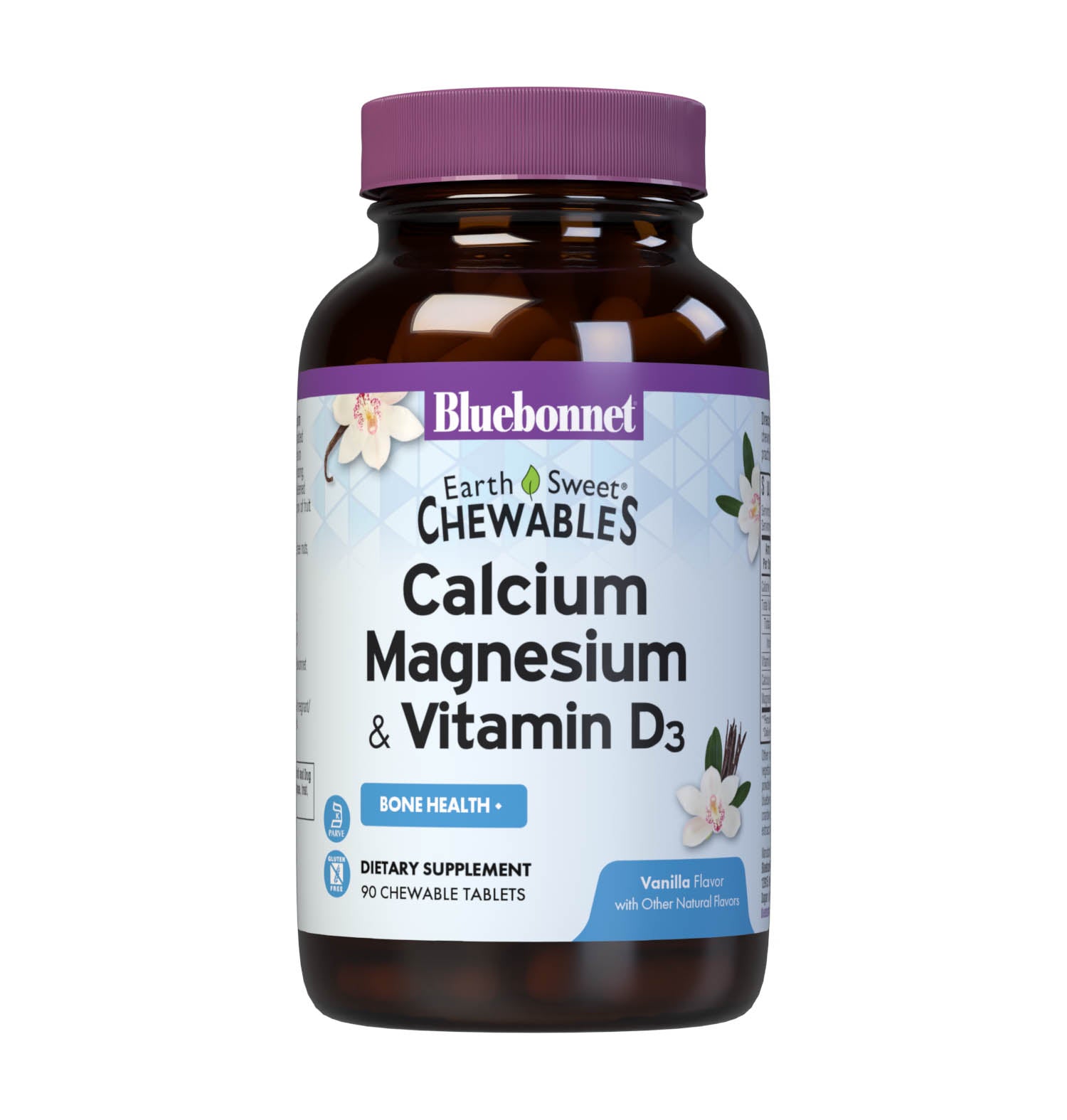 Bluebonnet’s EarthSweet Chewables Calcium Magnesium & Vitamin D3 90 Tablets Vanilla flavor are formulated with a blend of calcium, magnesium and vitamin D3 (cholecalciferol) to support strong and healthy bones. This bone formula is sweetened with EarthSweet, a proprietary sweetening mix of fruit powders and sugar cane crystals. #Flavor_Vanilla