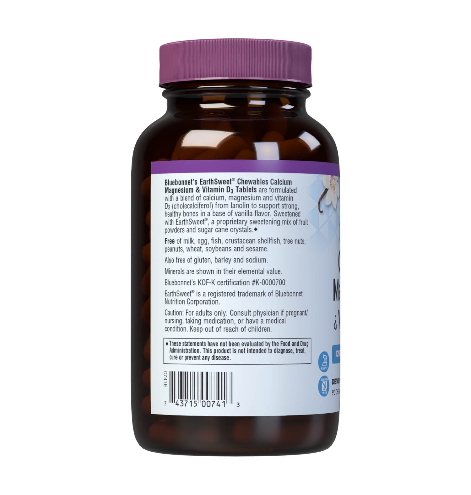 Bluebonnet’s EarthSweet Chewables Calcium Magnesium & Vitamin D3 90 Tablets Vanilla flavor are formulated with a blend of calcium, magnesium and vitamin D3 (cholecalciferol) to support strong and healthy bones. This bone formula is sweetened with EarthSweet, a proprietary sweetening mix of fruit powders and sugar cane crystals. Description panel. #Flavor_Vanilla