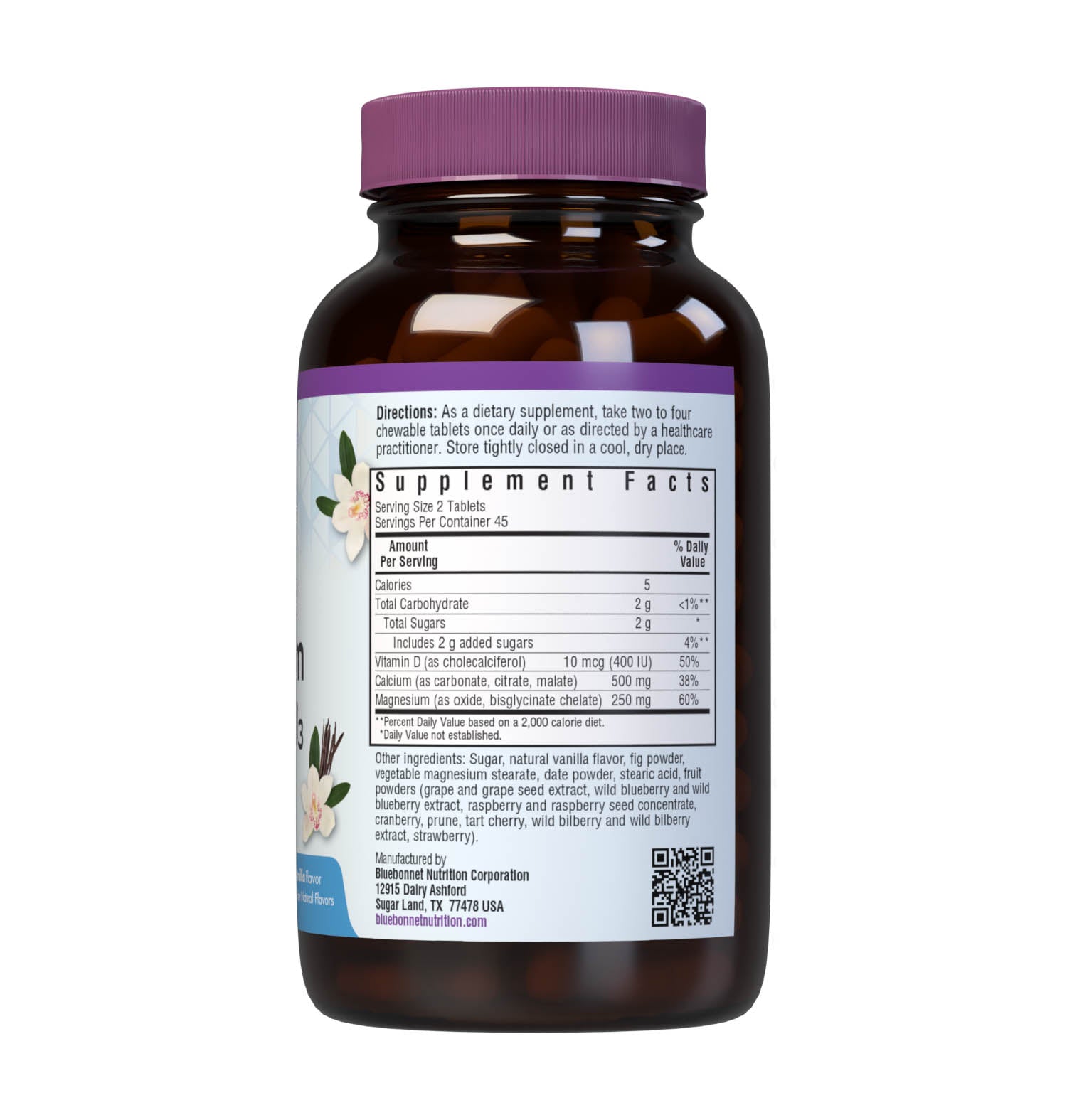 Bluebonnet’s EarthSweet Chewables Calcium Magnesium & Vitamin D3 90 Tablets Vanilla flavor are formulated with a blend of calcium, magnesium and vitamin D3 (cholecalciferol) to support strong and healthy bones. This bone formula is sweetened with EarthSweet, a proprietary sweetening mix of fruit powders and sugar cane crystals. Supplement facts panel. #Flavor_Vanilla