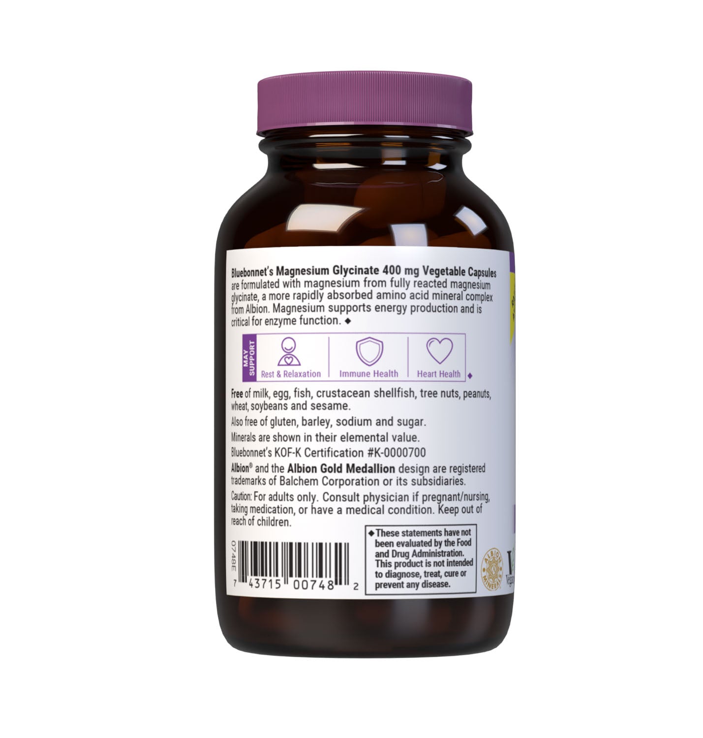 Bluebonnet’s Magnesium Glycinate 60 Vegetable Capsules are formulated with 400 mg per serving of elemental magnesium from fully reacted magnesium glycinate, a more rapidly absorbed amino acid mineral complex from Albion. Magnesium supports energy production and is critical for enzyme function. Available in easy-to-swallow vegetable capsules for maximum assimilation and absorption. Description panel. #size_60 count