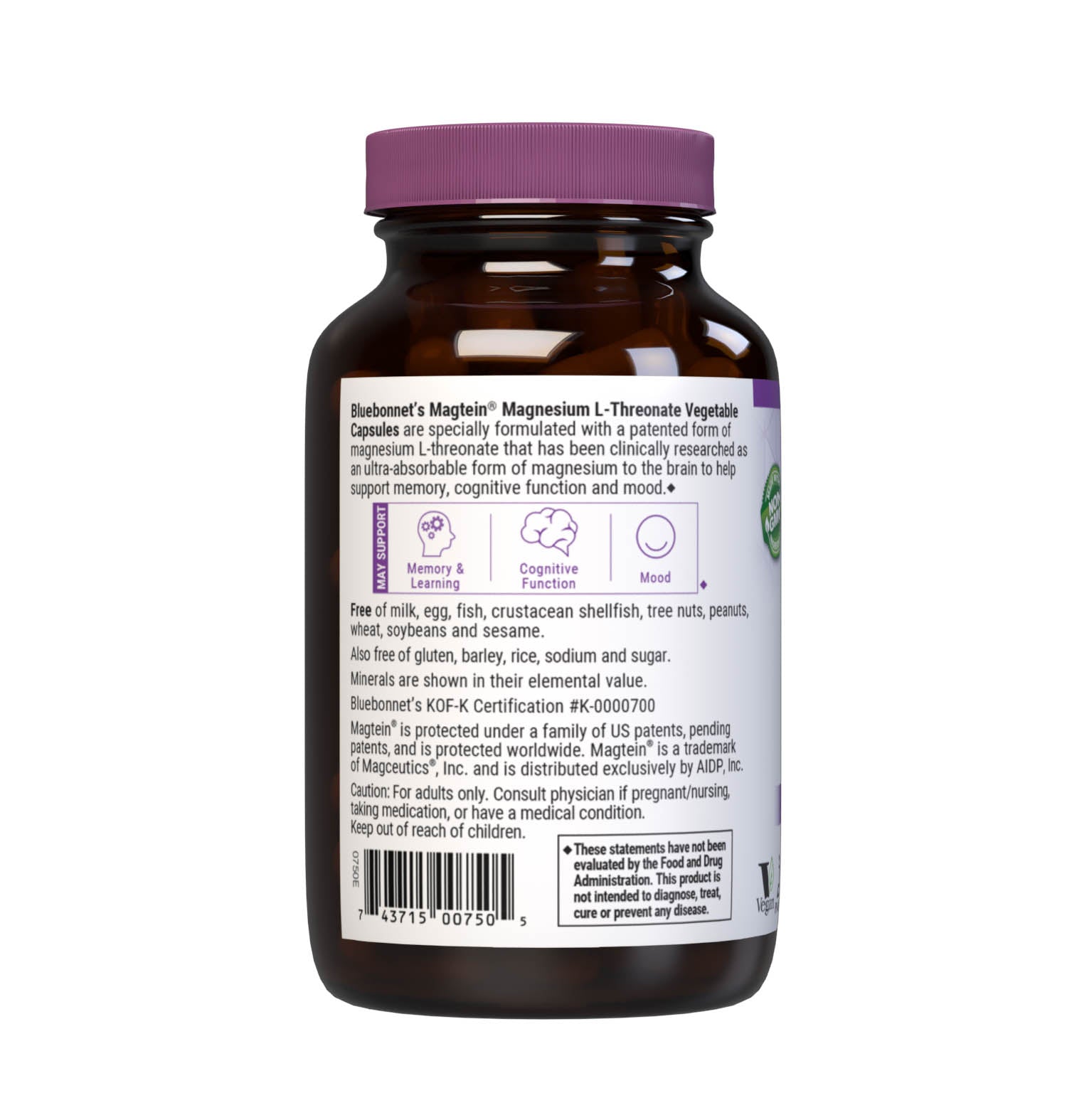 Bluebonnet’s Magnesium L-Threonate 90 Vegetable Capsules are specially formulated with a patented form of magnesium L-threonate, Magtein, which has been clinically researched as an ultra-absorbable form of magnesium to the brain. Description panel. #size_90 count
