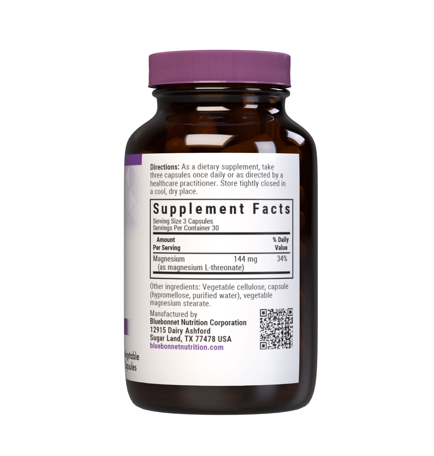 Bluebonnet’s Magnesium L-Threonate 90 Vegetable Capsules are specially formulated with a patented form of magnesium L-threonate, Magtein, which has been clinically researched as an ultra-absorbable form of magnesium to the brain. Supplement facts panel. #size_90 count