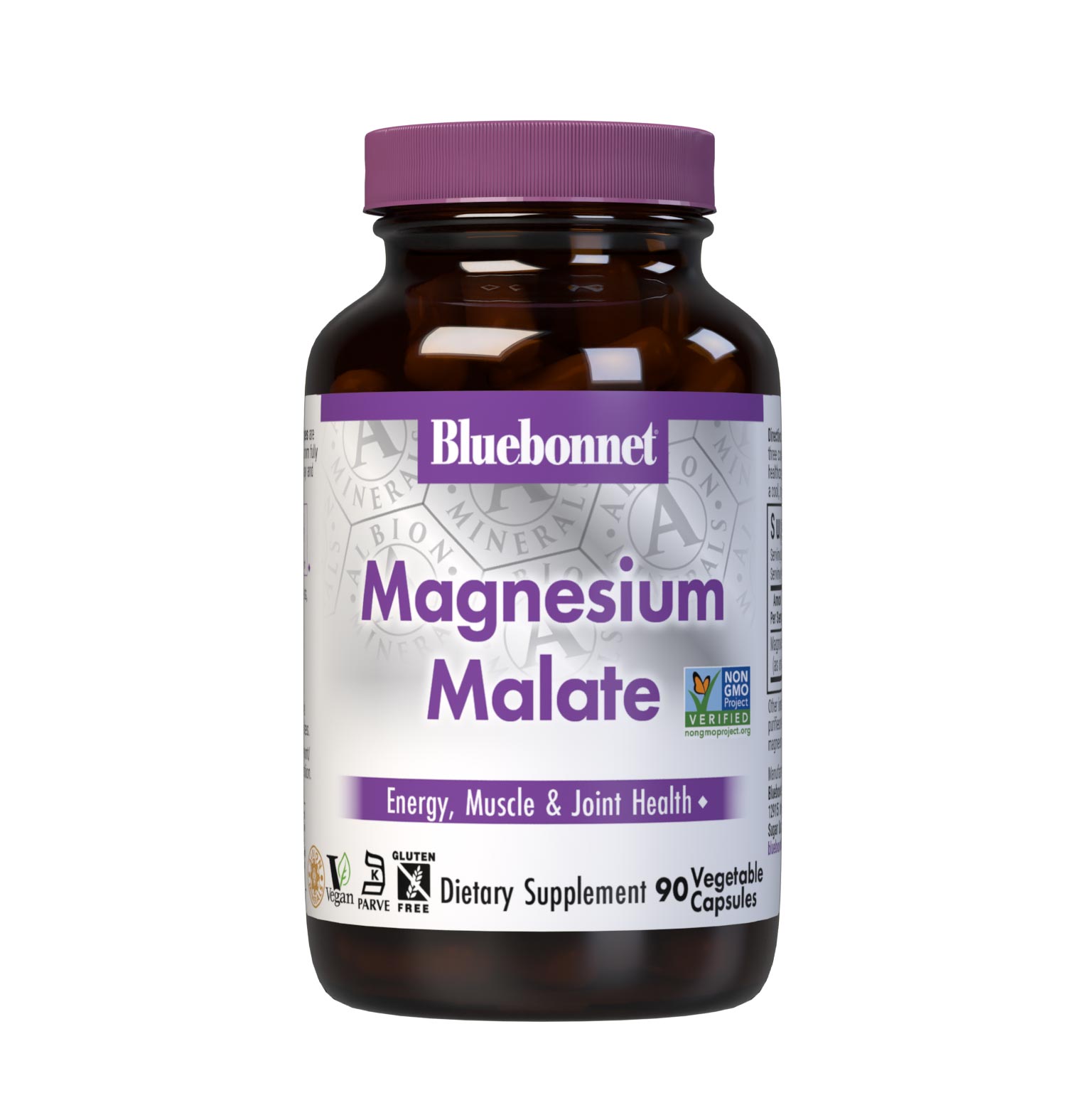 Bluebonnet's Magnesium Malate Vegetable capsules are formulated with 425 mg of elemental magnesium from fully reacted di-magnesium malate from Albion for energy and vitality, as well as muscle and joint health. #size_90 count
