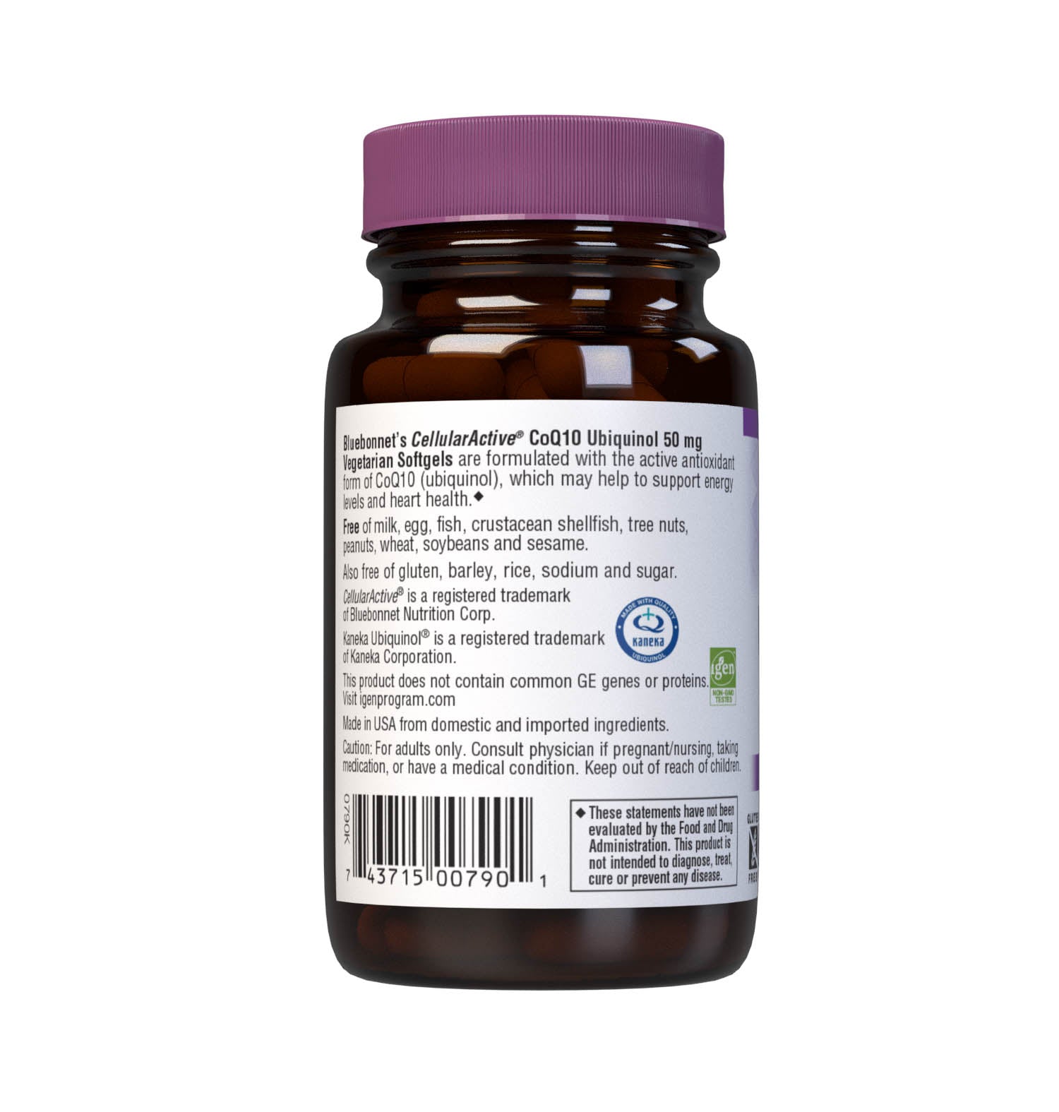 Bluebonnet’s Cellular Active CoQ10 Ubiquinol 30 Vegetarian Softgels are formulated with 50 mg of the active antioxidant form of CoQ10 (ubiquinol), which may support energy levels and heart health. Description panel. #size_30 count