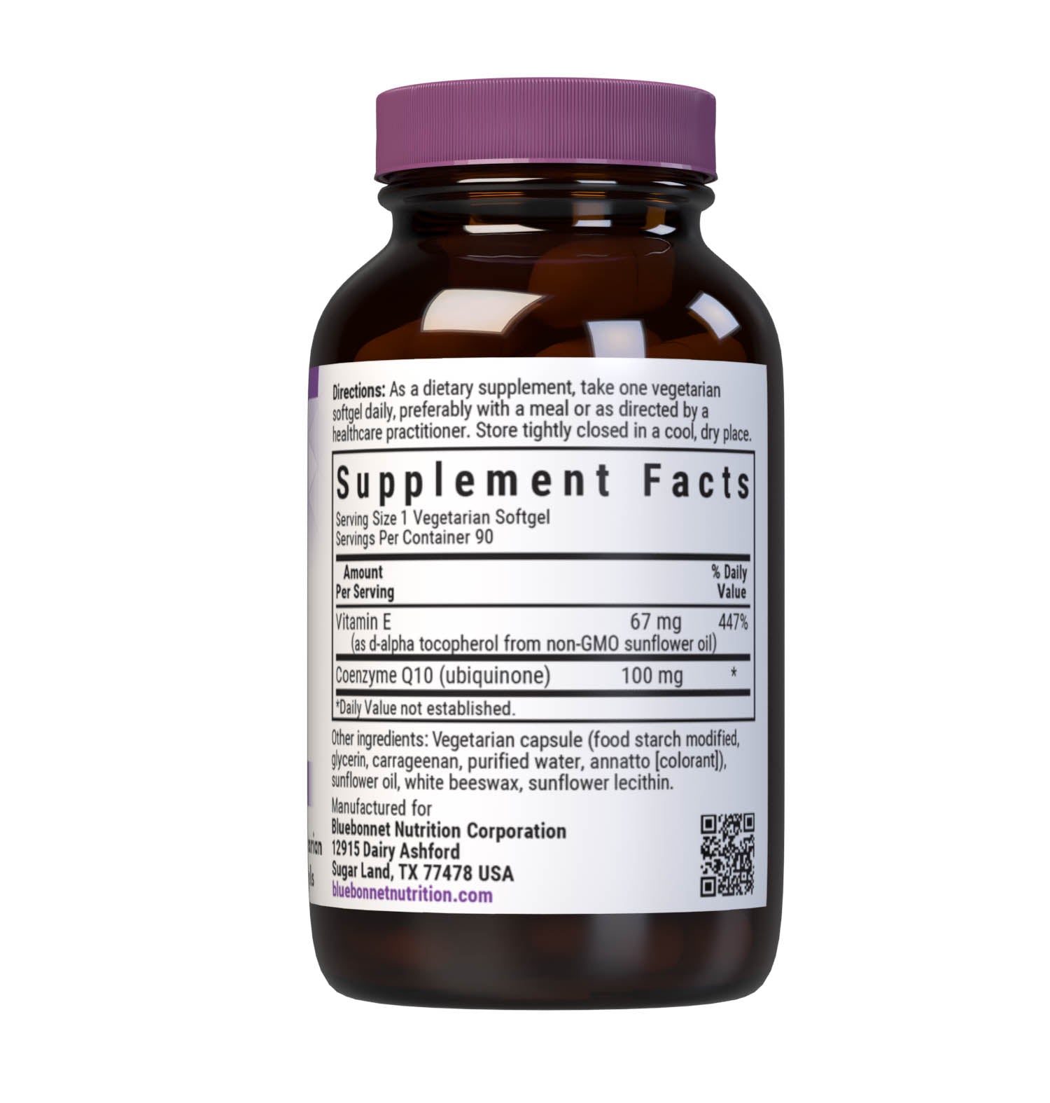 Bluebonnet’s CoQ10 30 mg 90 Vegetarian Softgels are formulated with the trans-isomer form of CoQ10 (ubiquinone) in a base of non-GMO sunflower oil along with vitamin E to support energy levels and cardiovascular health. Supplement facts panel. #size_90 count