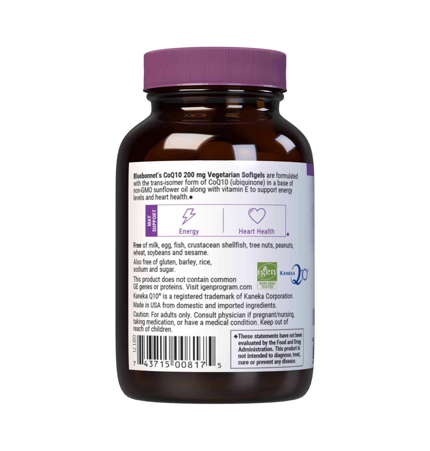 Bluebonnet’s CoQ10 200 mg 30 Vegetarian Softgels are formulated with the trans-isomer form of CoQ10 (ubiquinone) in a base of non-GMO sunflower oil along with vitamin E to help support energy levels and heart health. Description panel. #size_30 count