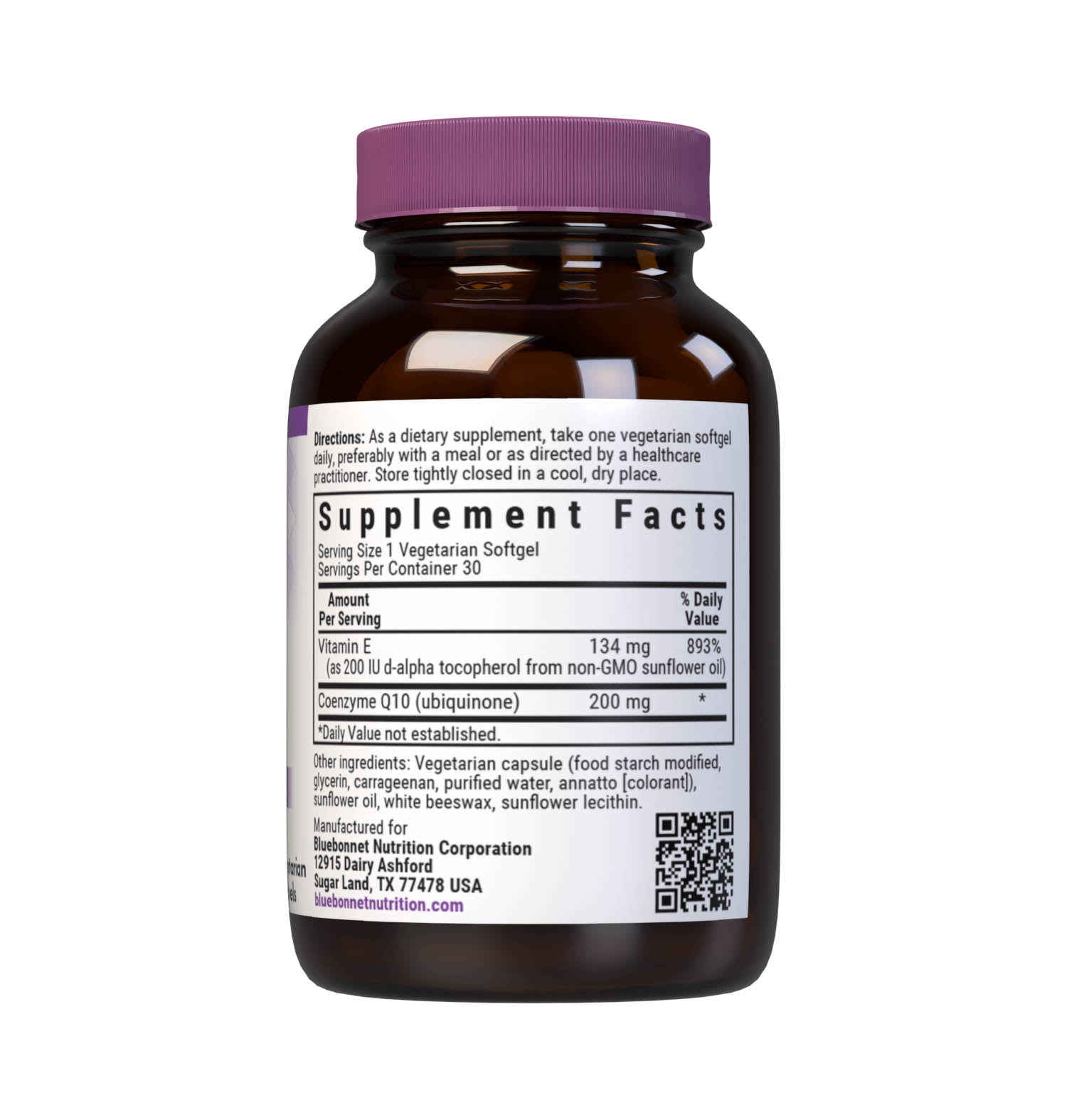 Bluebonnet’s CoQ10 200 mg 30 Vegetarian Softgels are formulated with the trans-isomer form of CoQ10 (ubiquinone) in a base of non-GMO sunflower oil along with vitamin E to help support energy levels and heart health. Supplement facts panel. #size_30 count