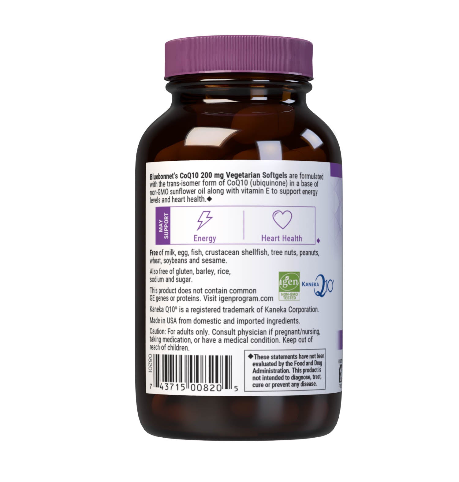 Bluebonnet’s CoQ10 200 mg 60 Vegetarian Softgels are formulated with the trans-isomer form of CoQ10 (ubiquinone) in a base of non-GMO sunflower oil along with vitamin E to help support energy levels and heart health. Description panel. #size_60 count