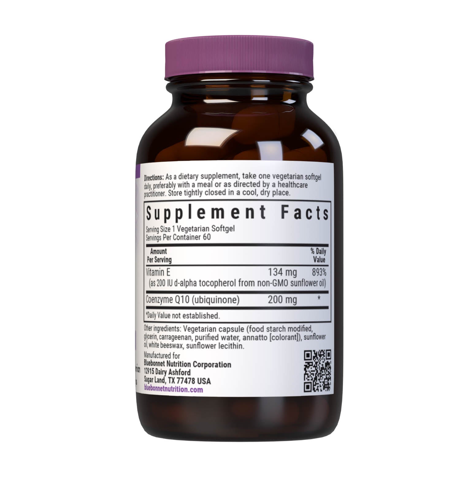 Bluebonnet’s CoQ10 200 mg 60 Vegetarian Softgels are formulated with the trans-isomer form of CoQ10 (ubiquinone) in a base of non-GMO sunflower oil along with vitamin E to help support energy levels and heart health. Supplement facts panel. #size_60 count