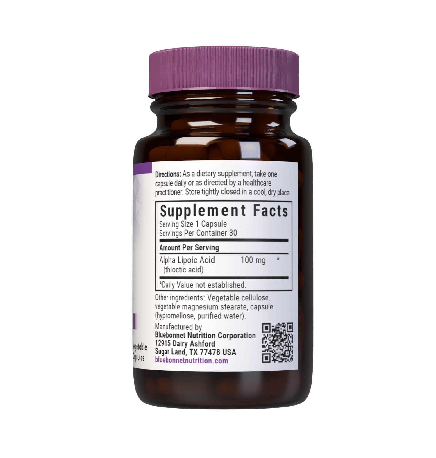 Bluebonnet’s Alpha Lipoic Acid 100 mg 30 Vegetable Capsules are formulated with alpha lipoic acid from thiotic acid. Alpha lipoic acid is a unique fat-soluble and water-soluble nutrient that is known for its free radical scavenger activity. Supplement facts panel. #size_30 count