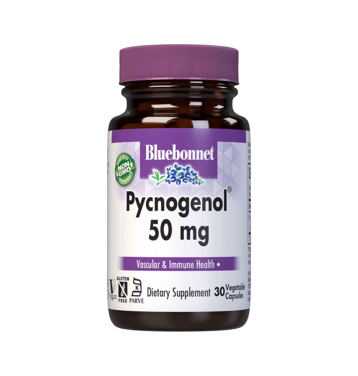 Bluebonnet’s Pycnogenol 50 mg 30 Vegetable Capsules are derived from the bark of the European coastal pine, Pinus maritima. Pycnogenol is a plant extract concentrated in oligomeric proanthocyanidins (OPCs), a water-soluble bioflavonoid. Pycnogenol may help support vascular function and immune response. #size_30 count