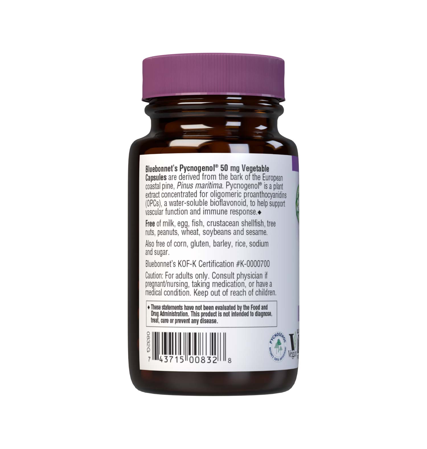 Bluebonnet’s Pycnogenol 50 mg 30 Vegetable Capsules are derived from the bark of the European coastal pine, Pinus maritima. Pycnogenol is a plant extract concentrated in oligomeric proanthocyanidins (OPCs), a water-soluble bioflavonoid. Pycnogenol may help support vascular function and immune response. Description panel. #size_30 count