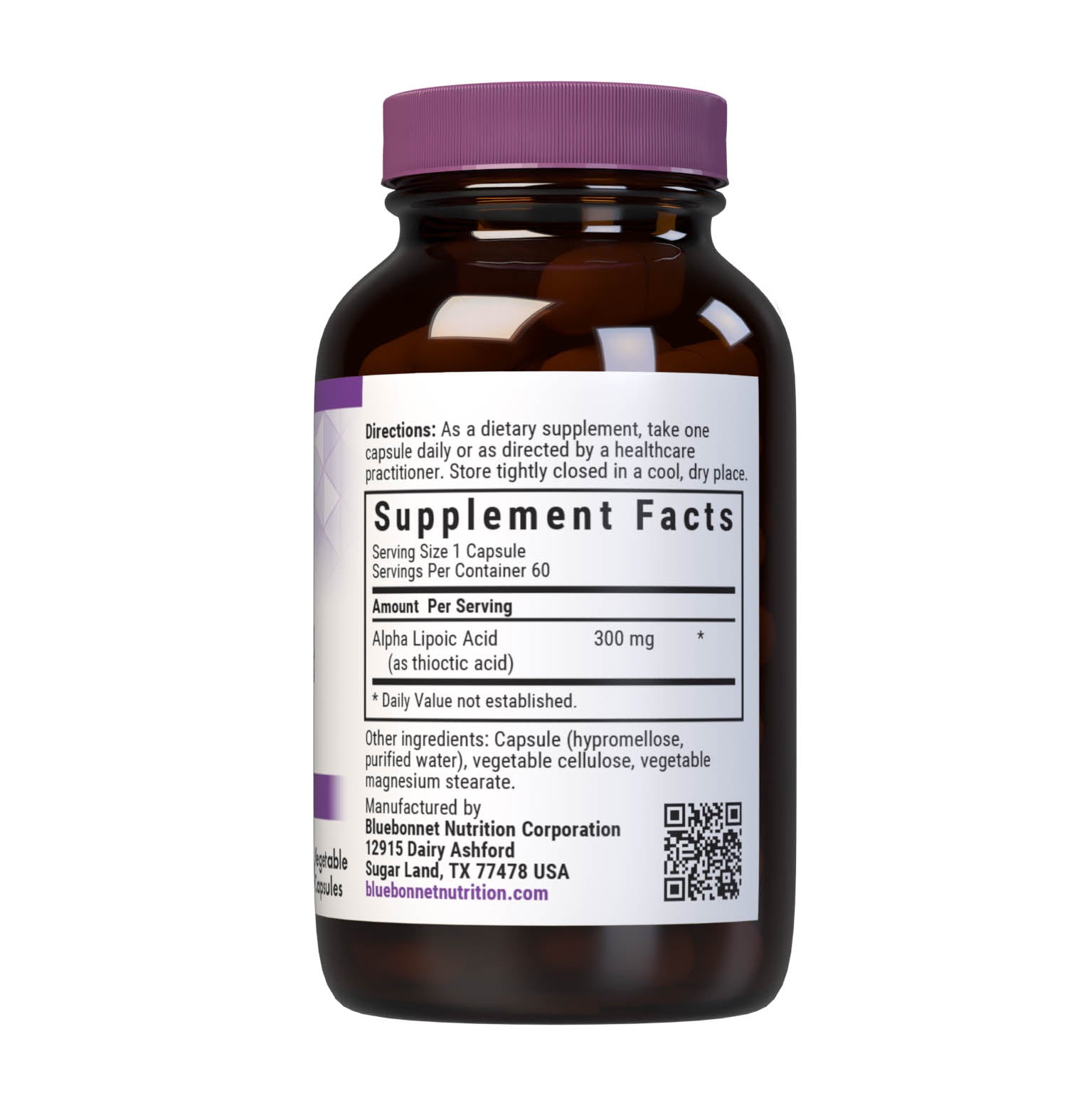 Bluebonnet's Alpha Lipoic Acid 300 mg 60 Vegetable Capsules are formulated with the powerful free radical scavenger alpha lipoic acid in its crystalline form. Alpha lipoic acid is unique in that it is both fat-soluble and water-soluble, and supports the production of glutathione and the recycling of the vitamins C and E for cellular protection. Supplement facts panel. #size_60 count