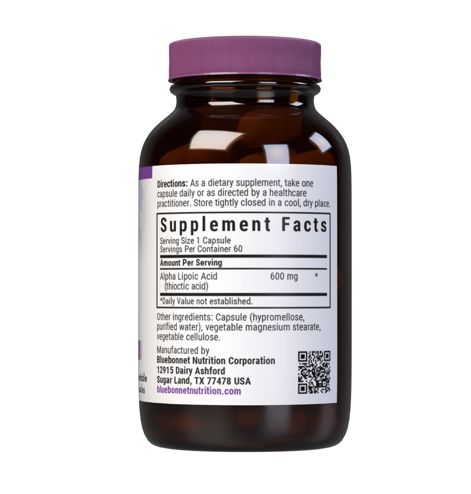 Bluebonnet’s Alpha Lipoic Acid 600 mg 60 Vegetable Capsules are formulated with alpha lipoic acid in its crystalline form. Alpha lipoic acid is a unique antioxidant that is both fat-soluble and water-soluble, and is known for its free radical scavenger activity. Supplement facts panel. #size_60 count