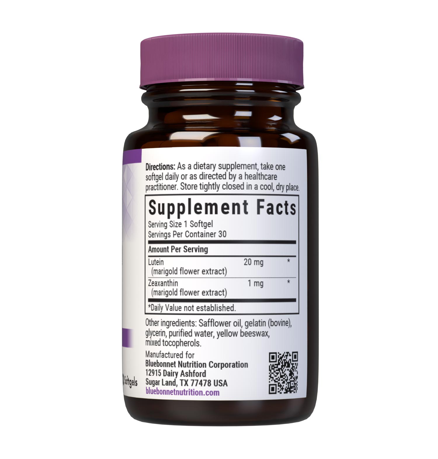 Bluebonnet’s Lutein 20 mg 30 Softgels are formulated with lutein and zeaxanthin from marigold flower extract. Lutein and zeaxanthin are carotenoids found in fruits and vegetables that support optimal eye health. Supplement facts panel. #size_30 count