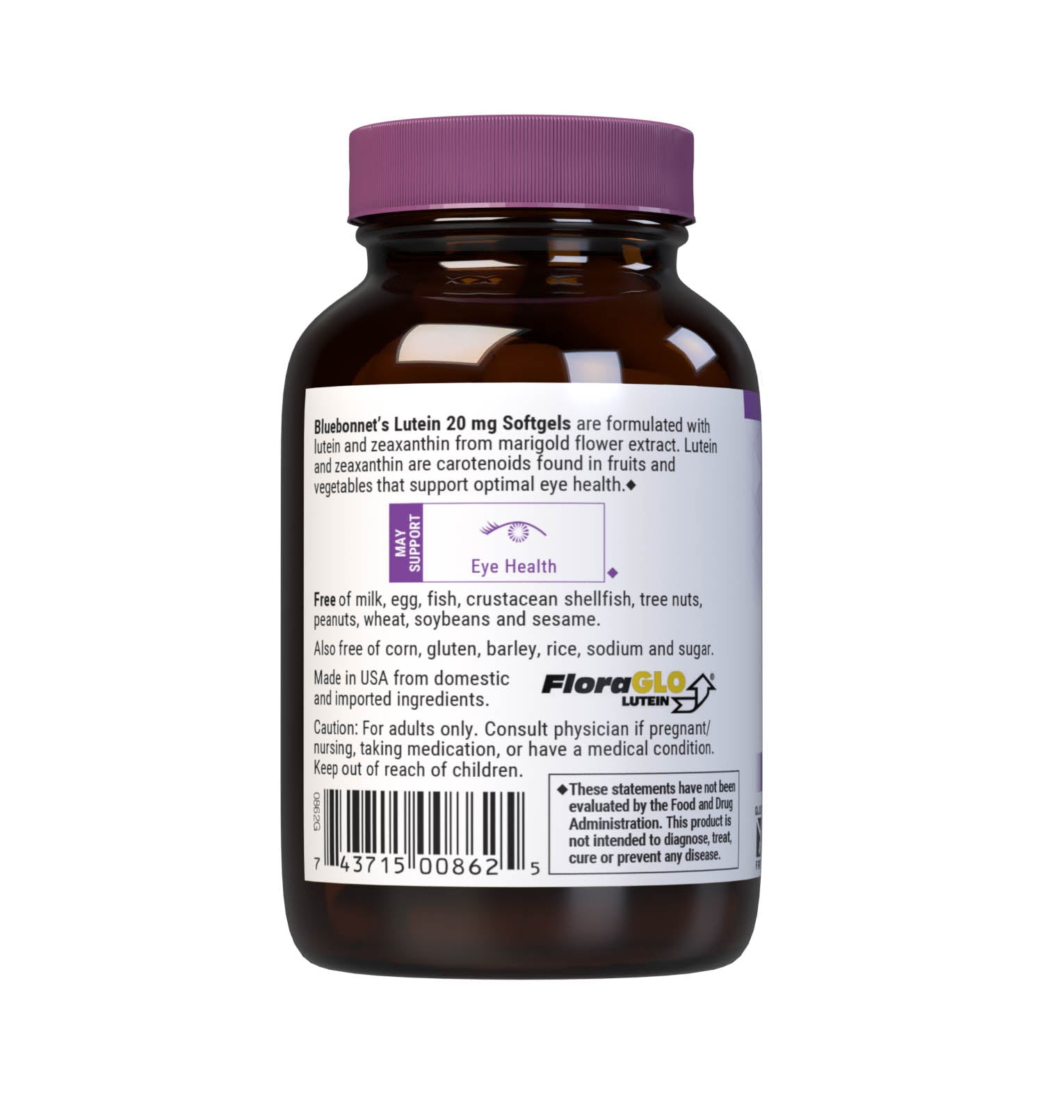 Bluebonnet’s Lutein 20 mg 60 Softgels are formulated with lutein and zeaxanthin from marigold flower extract. Lutein and zeaxanthin are carotenoids found in fruits and vegetables that support optimal eye health. Description panel. #size_60 count