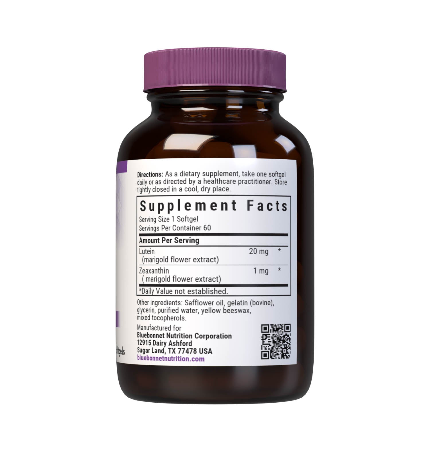 Bluebonnet’s Lutein 20 mg 60 Softgels are formulated with lutein and zeaxanthin from marigold flower extract. Lutein and zeaxanthin are carotenoids found in fruits and vegetables that support optimal eye health. Supplement facts panel. #size_60 count