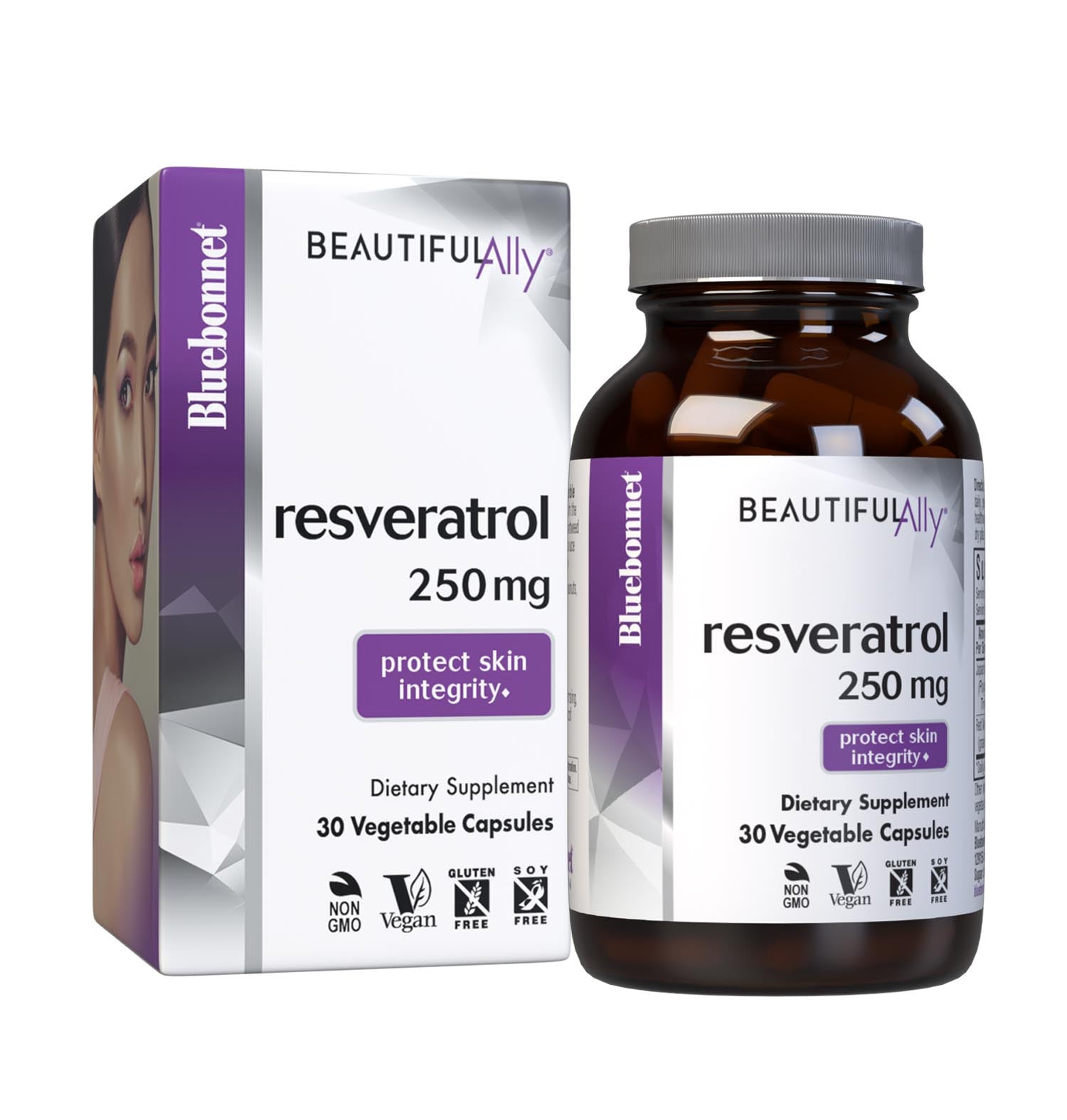 Bluebonnet’s Beautiful Ally Resveratrol 250 mg 30 Vegetable Capsules are specially formulated to help protect skin with the active trans isomer form of resveratrol from Japanese knotweed and 4:1 red wine extract from grape berry fruit to help reduce free-radical damage, which may improve skin integrity. Bottle with box. #size_30 count