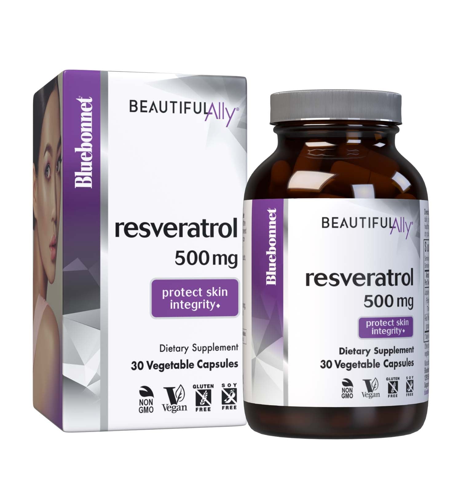Bluebonnet’s Beautiful Ally Resveratrol 500 mg 30 Vegetable Capsules are specially formulated to help protect skin with the active trans isomer form of resveratrol from Japanese knotweed and 4:1 red wine extract from grape berry fruit to help reduce free-radical damage, which may improve skin integrity. Bottle with box. #size_30 count