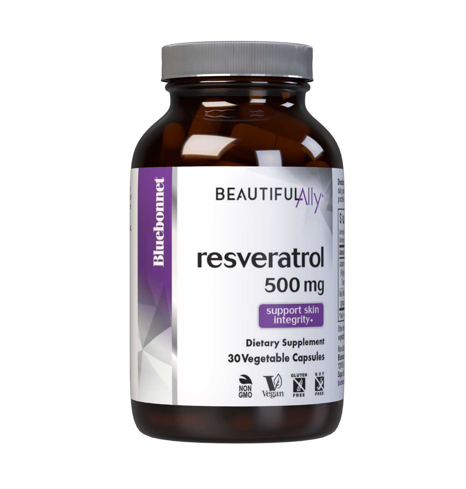 Bluebonnet’s Beautiful Ally Resveratrol 500 mg 30 Vegetable Capsules are specially formulated to help protect skin with the active trans isomer form of resveratrol from Japanese knotweed and 4:1 red wine extract from grape berry fruit to help reduce free-radical damage, which may improve skin integrity. #size_30 count