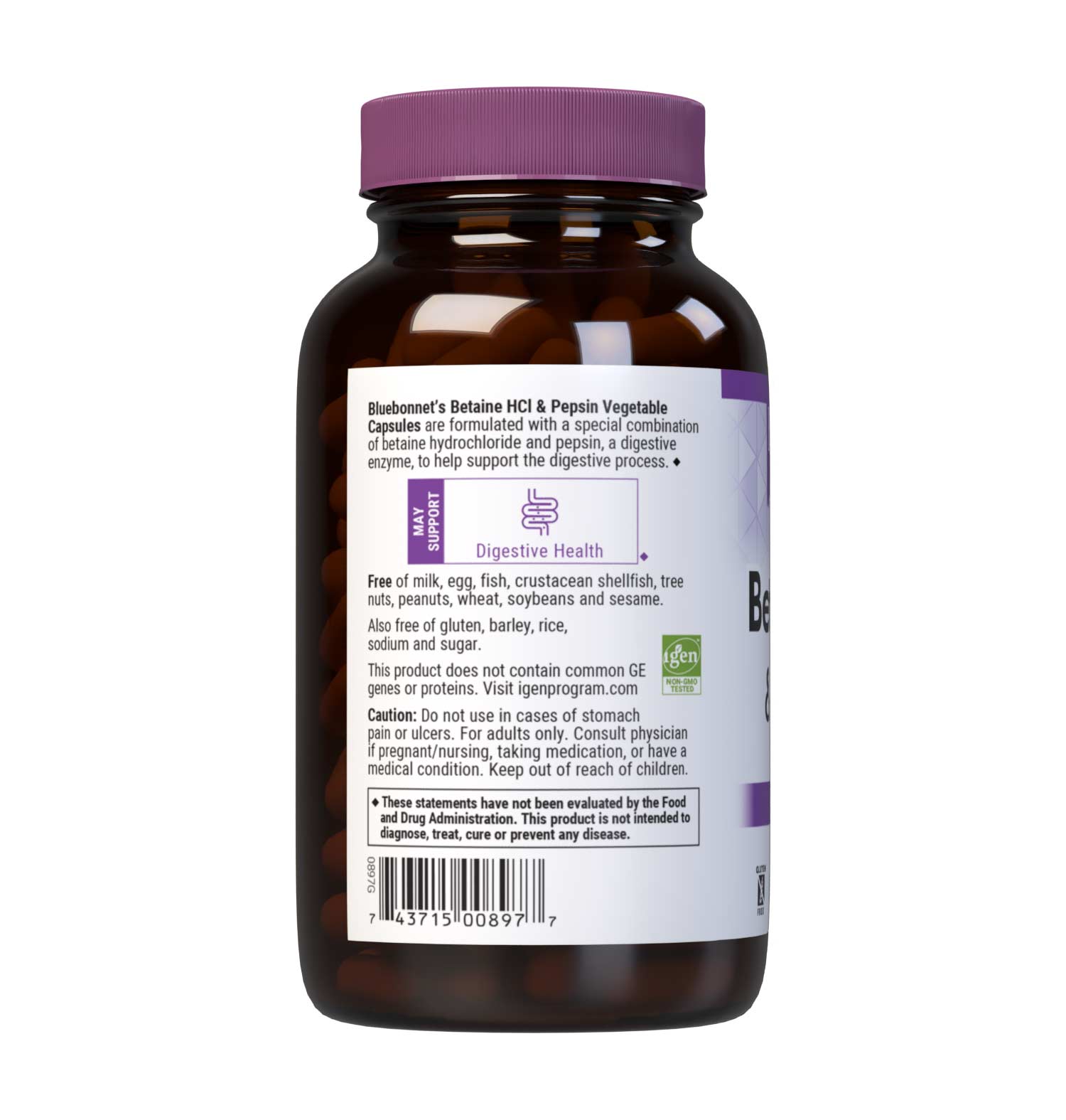 Bluebonnet’s Betaine HCl Plus Pepsin 180 Vegetable Capsules are formulated with a special combination of betaine hydrochloride and pepsin, a digestive enzyme. Description panel. #size_180 count