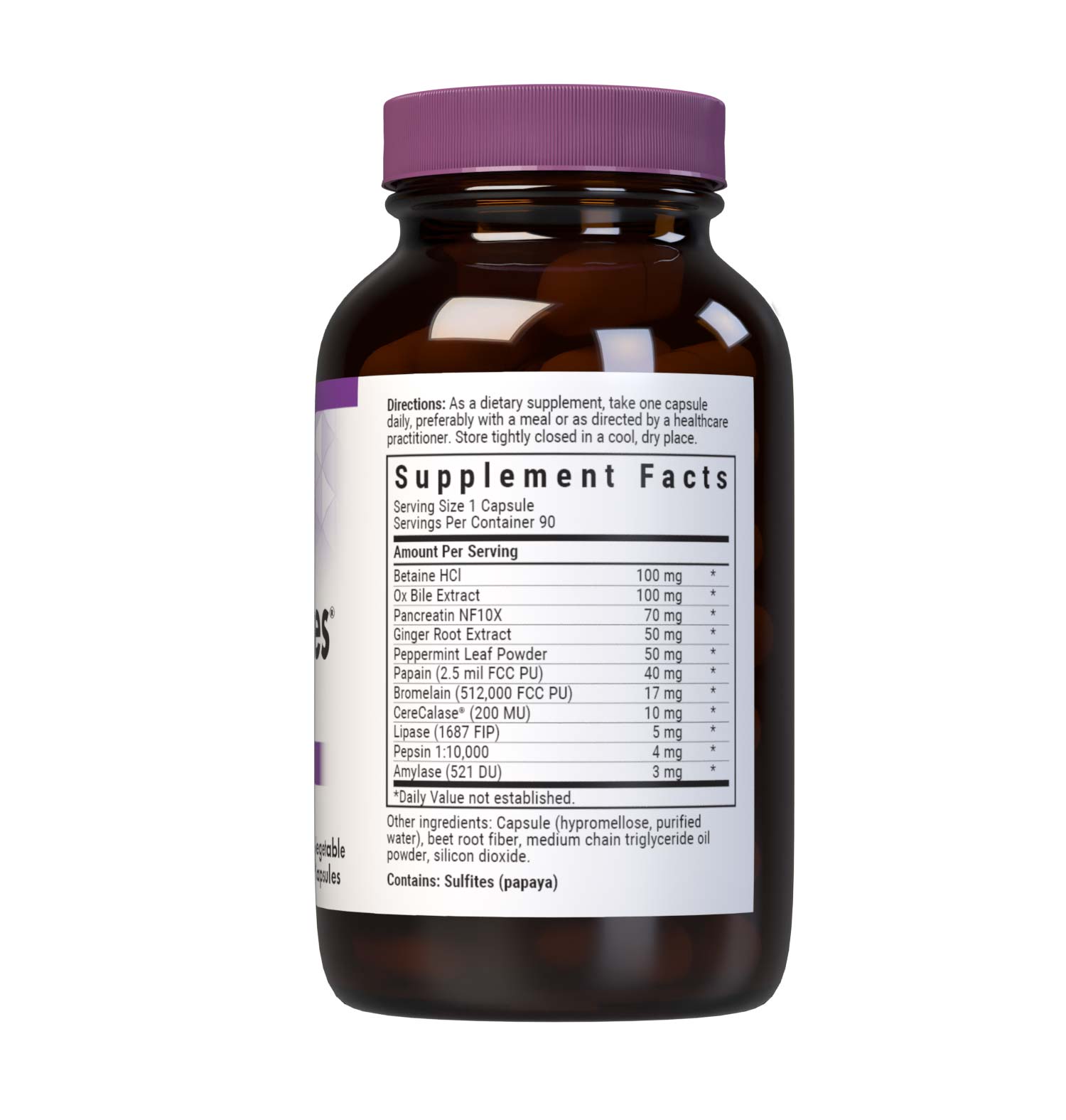 Bluebonnet’s Power-Zymes 90 Vegetable Capsules are formulated with digestive enzymes to help break down of a diet high in protein with some carbohydrates and fats. Each capsule also delivers ginger and peppermint to help soothe digestion. Supplement facts panel. #size_90 count