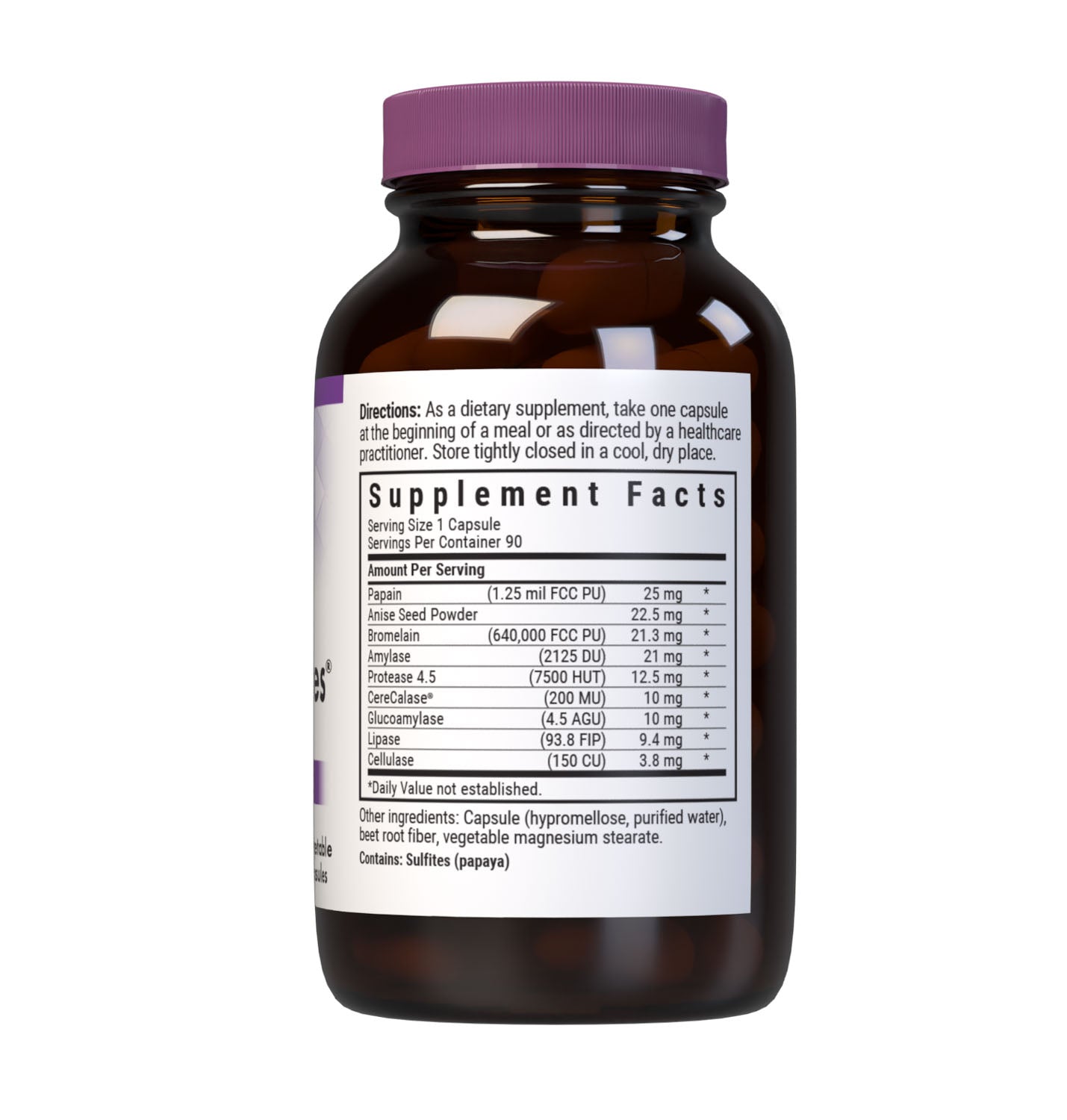 Bluebonnet’s Full Spectrum Optimum Enzymes 90 Vegetable Capsules are formulated with a combination of plant-based enzymes that help support the breakdown of protein, carbohydrates, and fats for digestive health. Supplement facts panel. #size_90 count