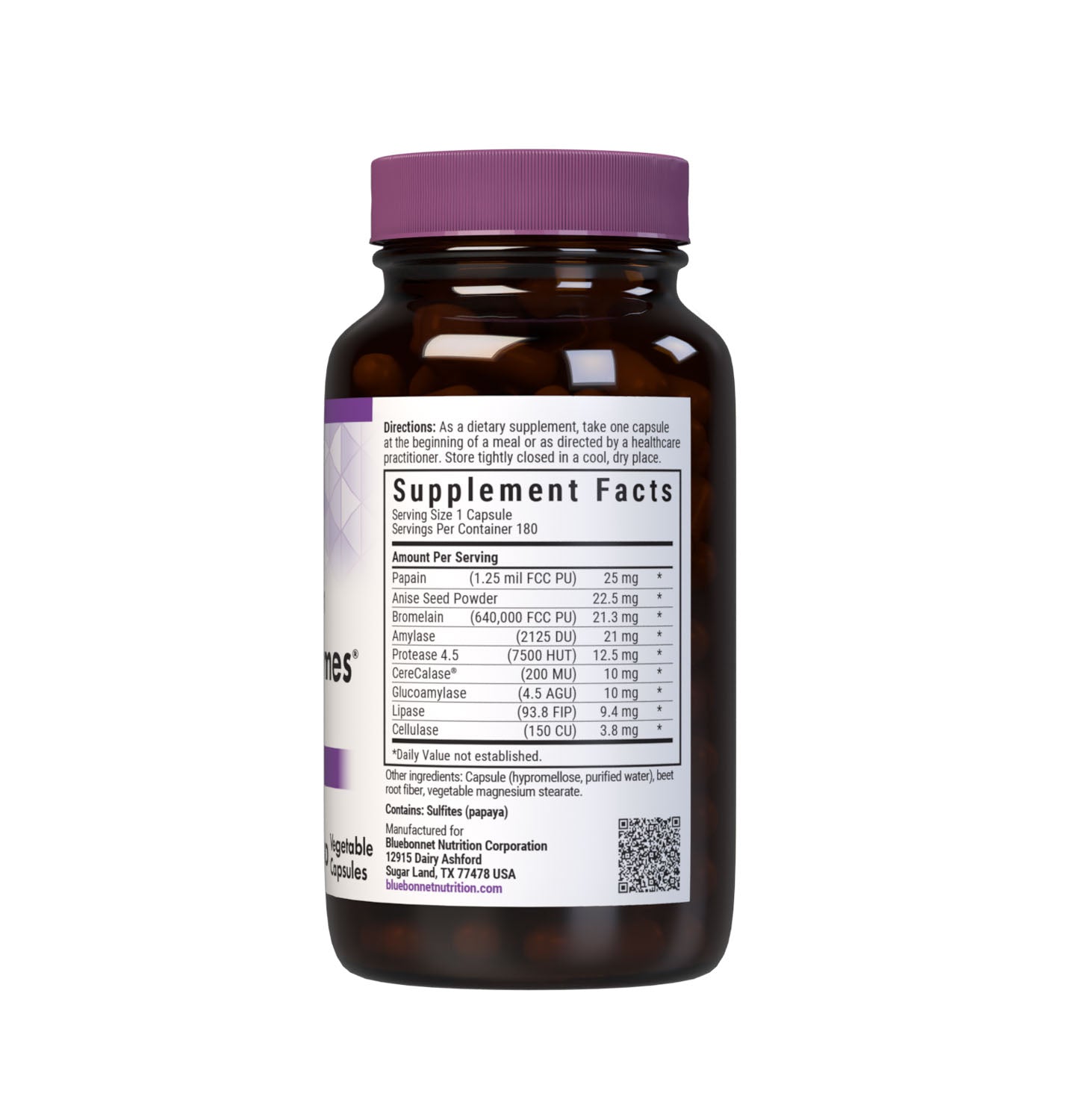 Bluebonnet’s Full Spectrum Optimum Enzymes 180 Vegetable Capsules are formulated with a combination of plant-based enzymes that help support the breakdown of protein, carbohydrates, and fats for digestive health. Supplement facts panel. #size_180 count