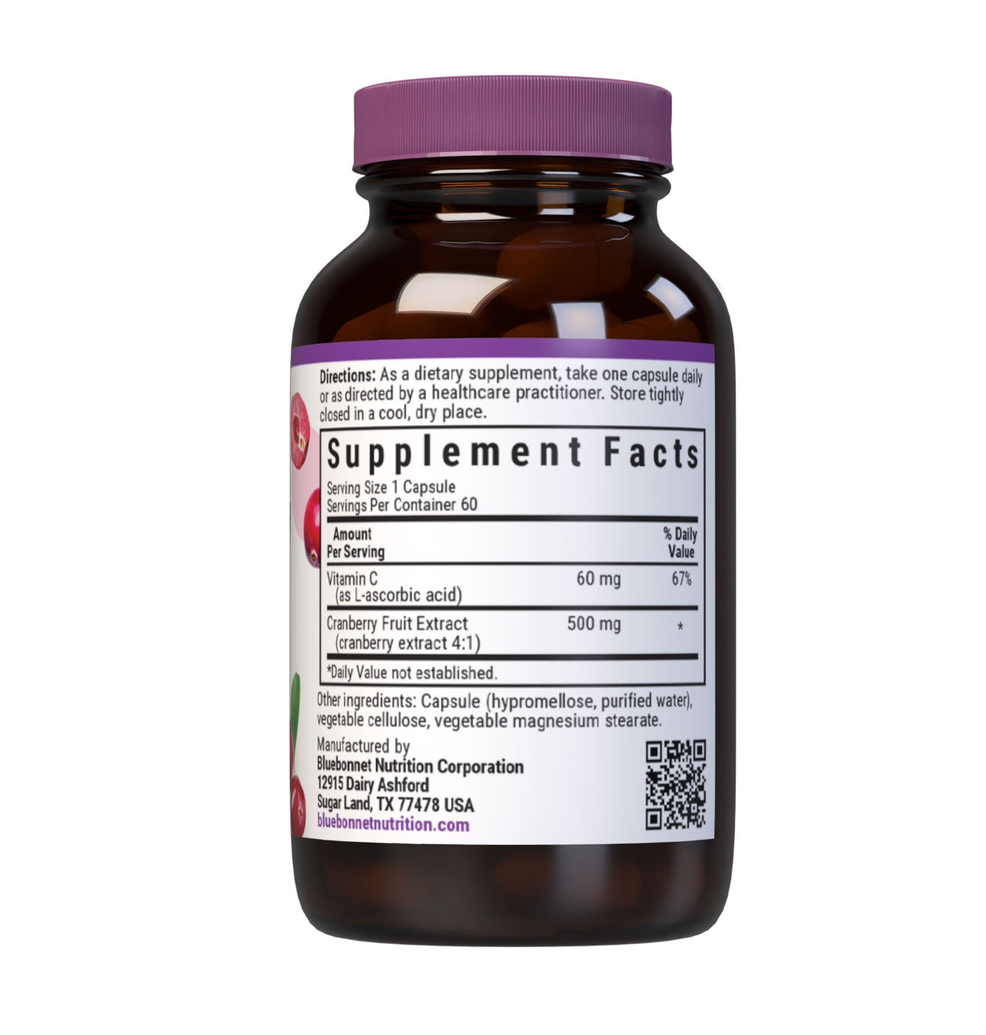 Bluebonnet’s Cranberry Fruit Extract with Vitamin C 60 Vegetable Capsules are Formulated with 500 mg of Cranberry Fruit Extract & 60 mg Identity-Preserved Vitamin C to help support urinary tract health. Supplement facts panel. #size_60 count