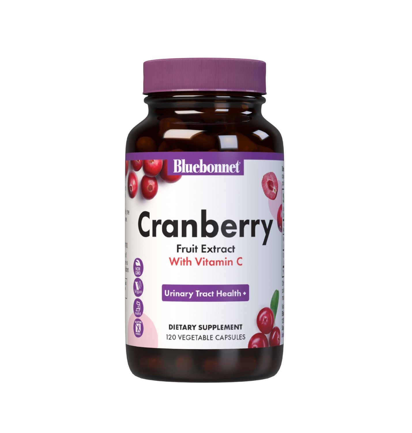 Bluebonnet’s Cranberry Fruit Extract with Vitamin C 120 Vegetable Capsules are Formulated with 500 mg of Cranberry Fruit Extract & 60 mg Identity-Preserved Vitamin C  to help support urinary tract health. #size_120 count