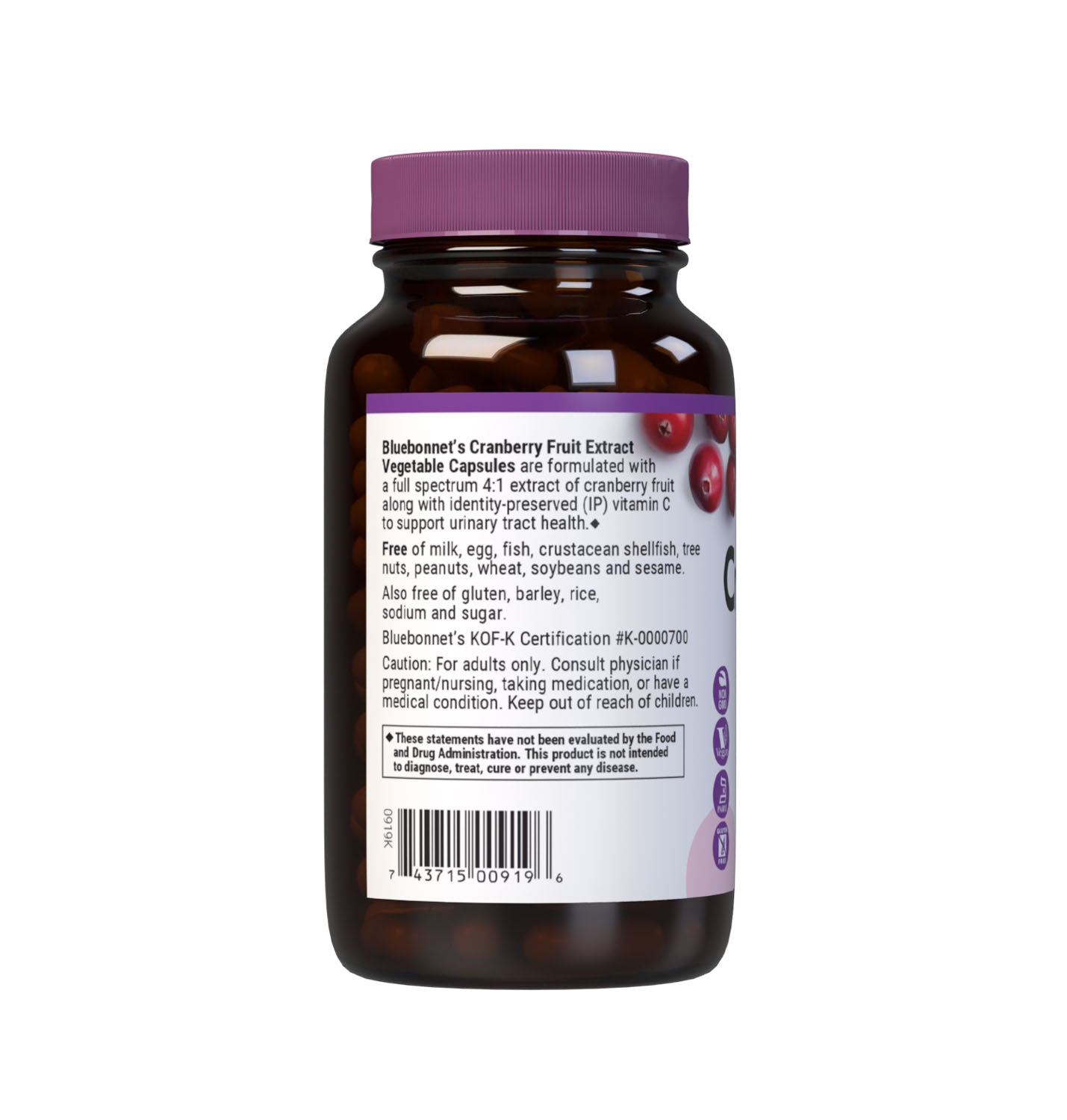 Bluebonnet’s Cranberry Fruit Extract with Vitamin C 120 Vegetable Capsules are Formulated with 500 mg of Cranberry Fruit Extract & 60 mg Identity-Preserved Vitamin C  to help support urinary tract health. Description panel. #size_120 count