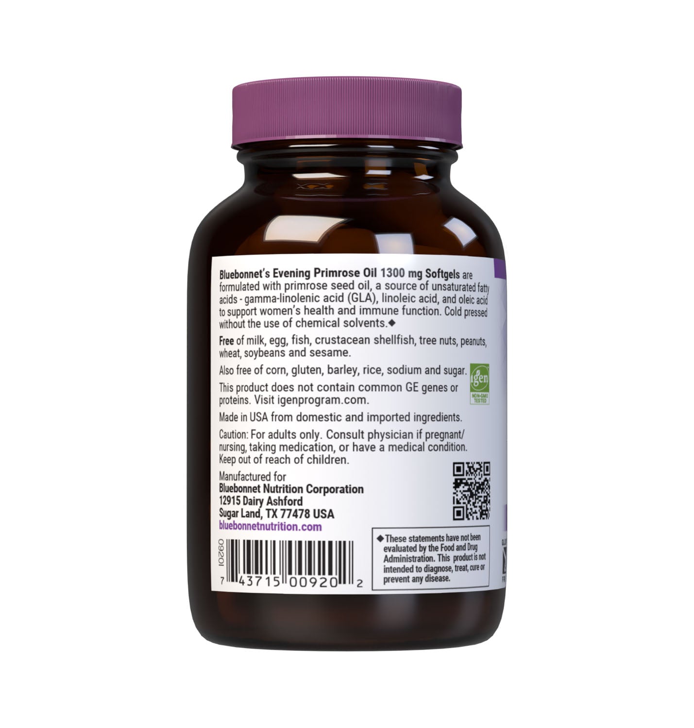Bluebonnet’s Evening Primrose Oil 1300 mg 30 Softgels are formulated with an oil from the seed of the evening primrose seed oil, a source of unsaturated fatty acids- gamma linolenic acid (GLA), linolenic acid, and oleic acid to support women's health and immune health. Cold pressed without the use of chemical solvents. Description panel. #size_30 count