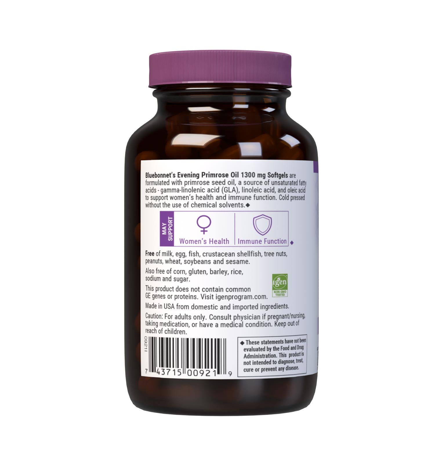 Bluebonnet’s Evening Primrose Oil 1300 mg 60 Softgels are formulated with an oil from the seed of the evening primrose seed oil, a source of unsaturated fatty acids- gamma linolenic acid (GLA), linolenic acid, and oleic acid to support women's health and immune health. Cold pressed without the use of chemical solvents. Description panel. #size_60 count