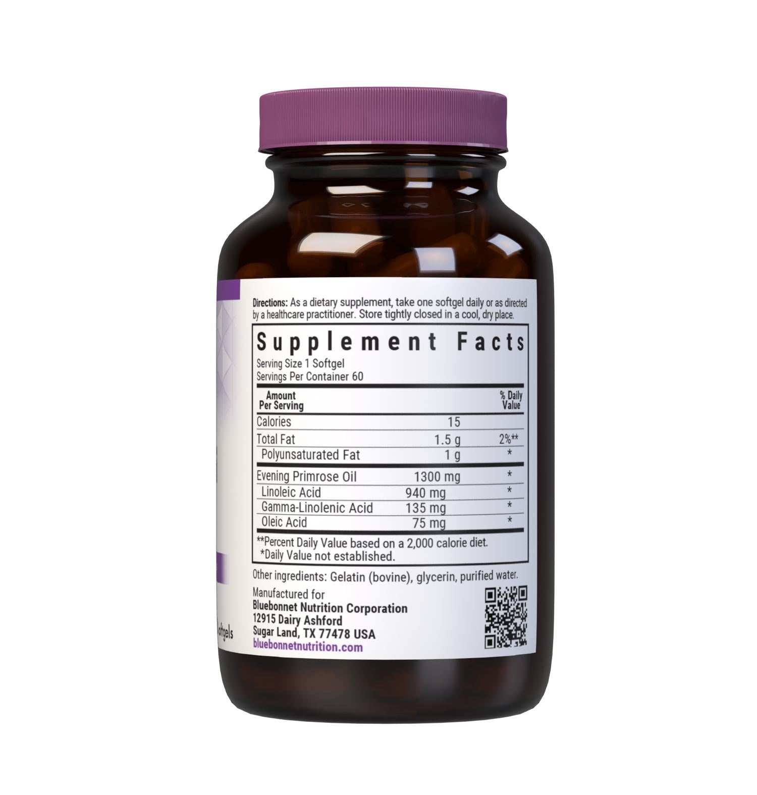 Bluebonnet’s Evening Primrose Oil 1300 mg 60 Softgels are formulated with an oil from the seed of the evening primrose seed oil, a source of unsaturated fatty acids- gamma linolenic acid (GLA), linolenic acid, and oleic acid to support women's health and immune health. Cold pressed without the use of chemical solvents. Supplement facts panel. #size_60 count
