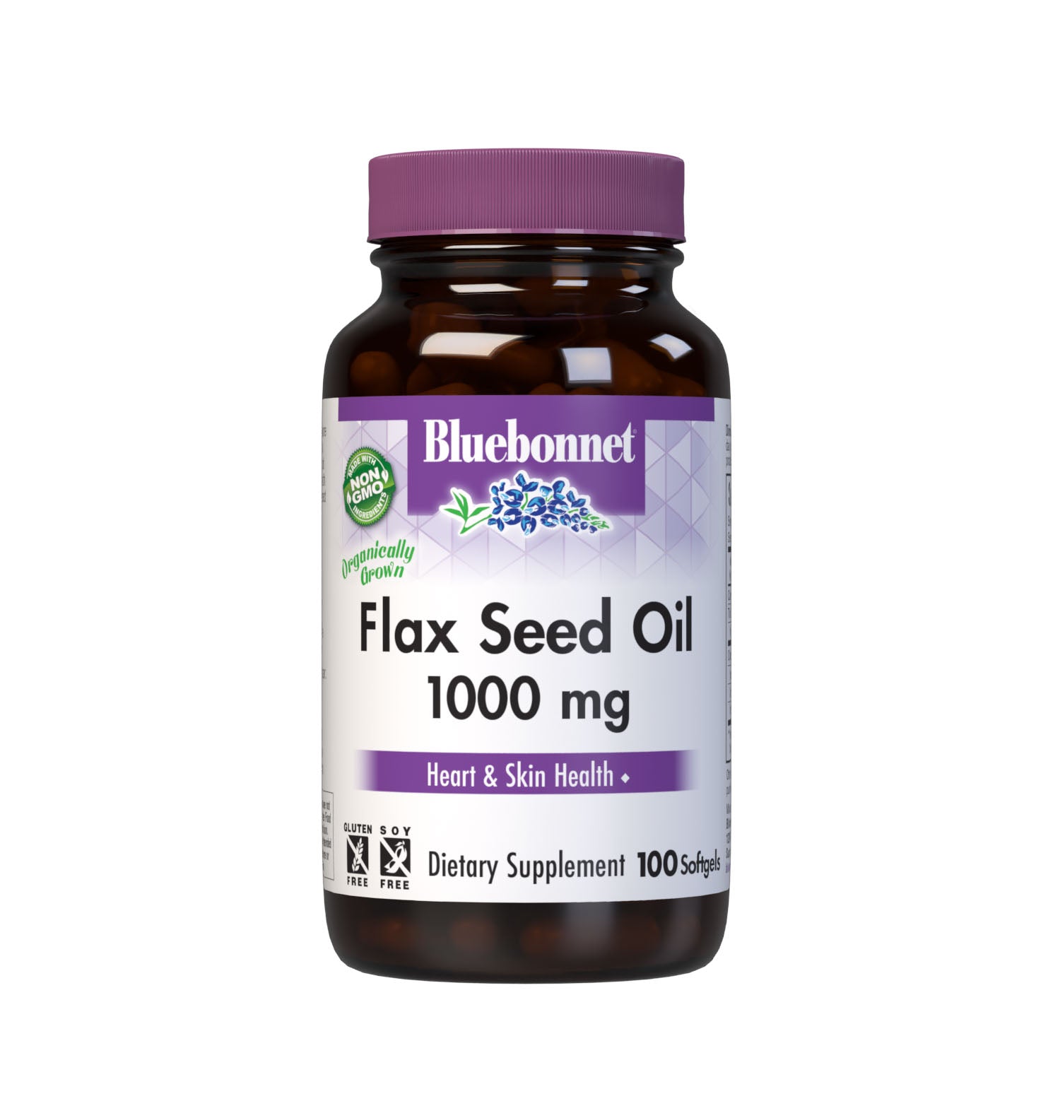 Bluebonnet’s Flax Seed Oil 1000 mg Softgels are formulated with certified organically grown flax seed, a known source of omega-3, omega-6and omega-9 fatty acids that help support cardiovascular health and the maintenance of healthy skin. Cold pressed without the use of chemical solvents.  #size_100 count
