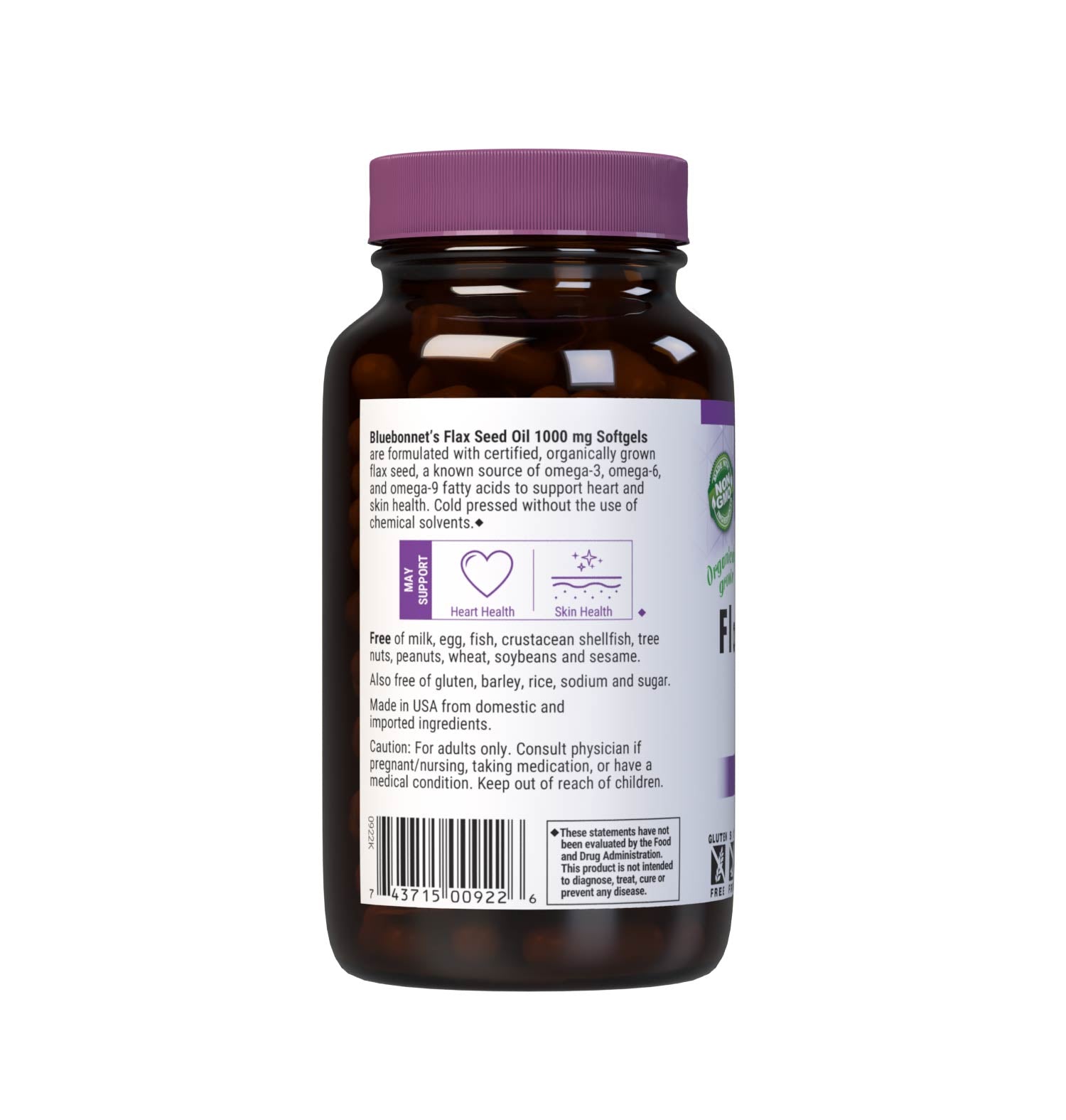 Bluebonnet’s Flax Seed Oil 1000 mg Softgels are formulated with certified organically grown flax seed, a known source of omega-3, omega-6and omega-9 fatty acids that help support cardiovascular health and the maintenance of healthy skin. Cold pressed without the use of chemical solvents. Description panel. #size_100 count