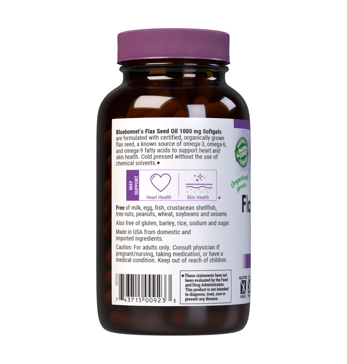 Bluebonnet’s Flax Seed Oil 1000 mg Softgels are formulated with certified organically grown flax seed, a known source of omega-3, omega-6and omega-9 fatty acids that help support cardiovascular health and the maintenance of healthy skin. Cold pressed without the use of chemical solvents. Description panel. #size_250 count