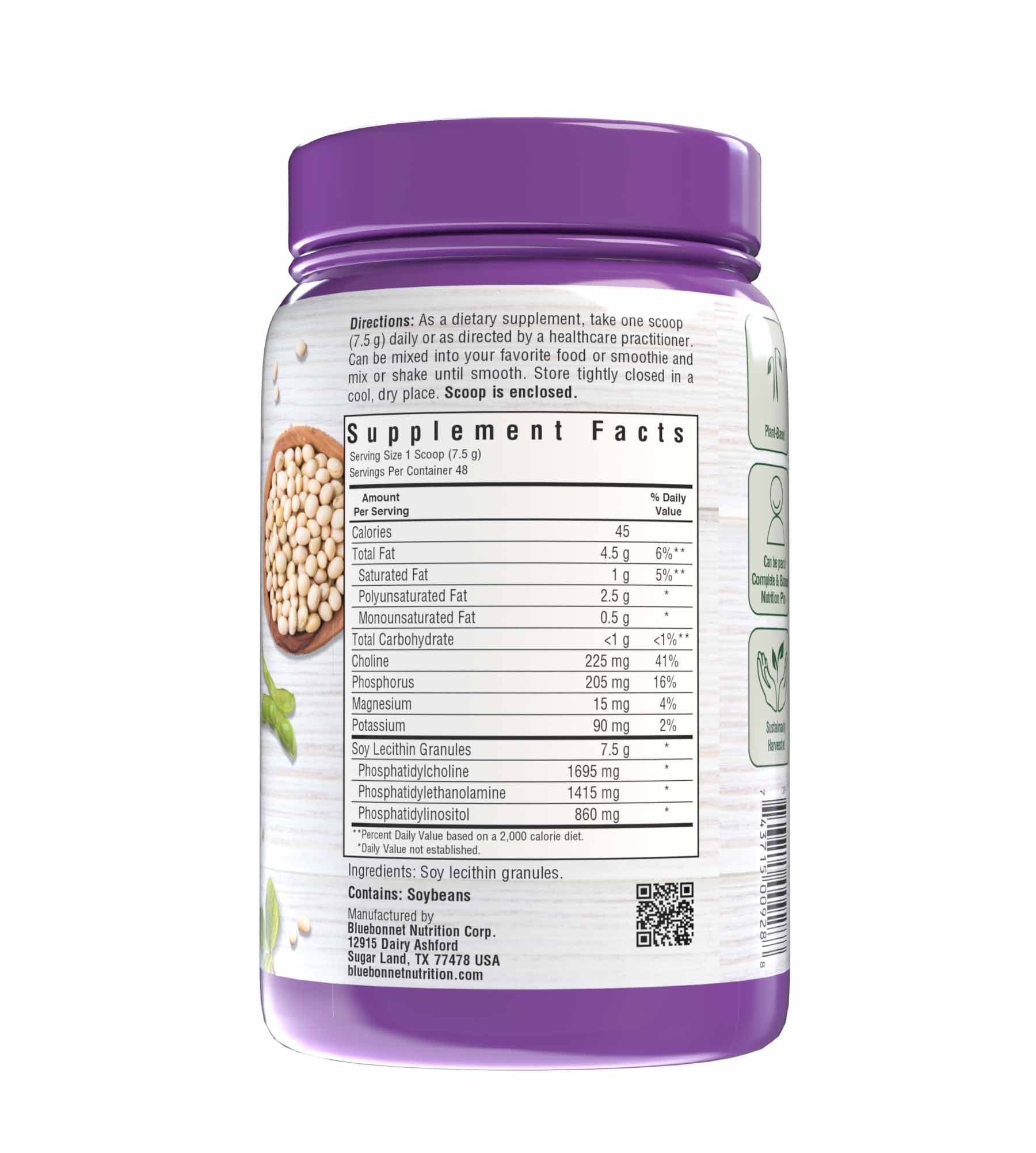 Bluebonnet’s Lecithin Granules are derived from non-GMO soybeans that were sustainably procured under an identity preserved traceability program. Supplement facts panel. #size_12.7 oz