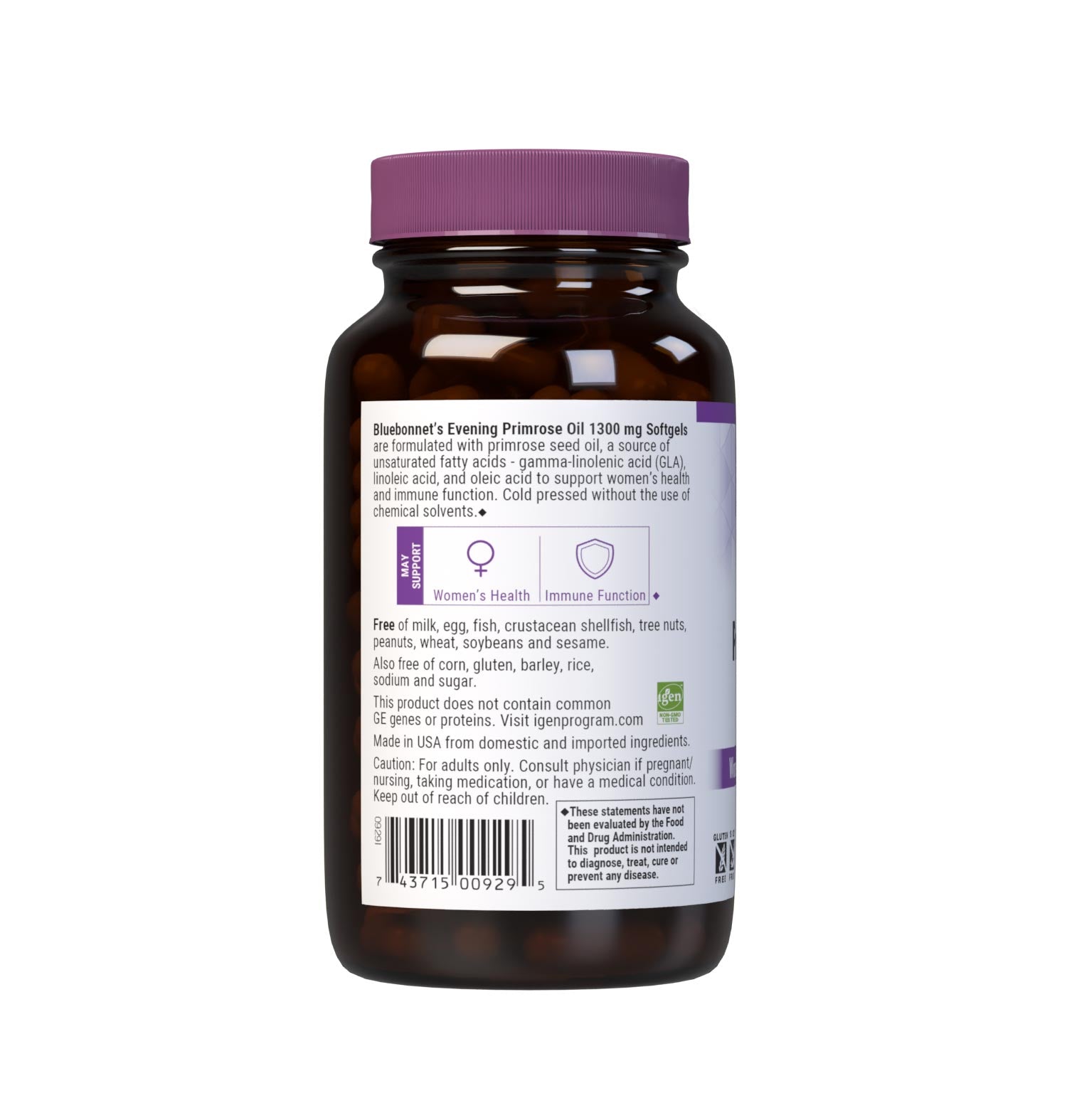 Bluebonnet’s Evening Primrose Oil 1300 mg 90 Softgels are formulated with an oil from the seed of the evening primrose seed oil, a source of unsaturated fatty acids- gamma linolenic acid (GLA), linolenic acid, and oleic acid to support women's health and immune health. Cold pressed without the use of chemical solvents. Description panel. #size_90 count
