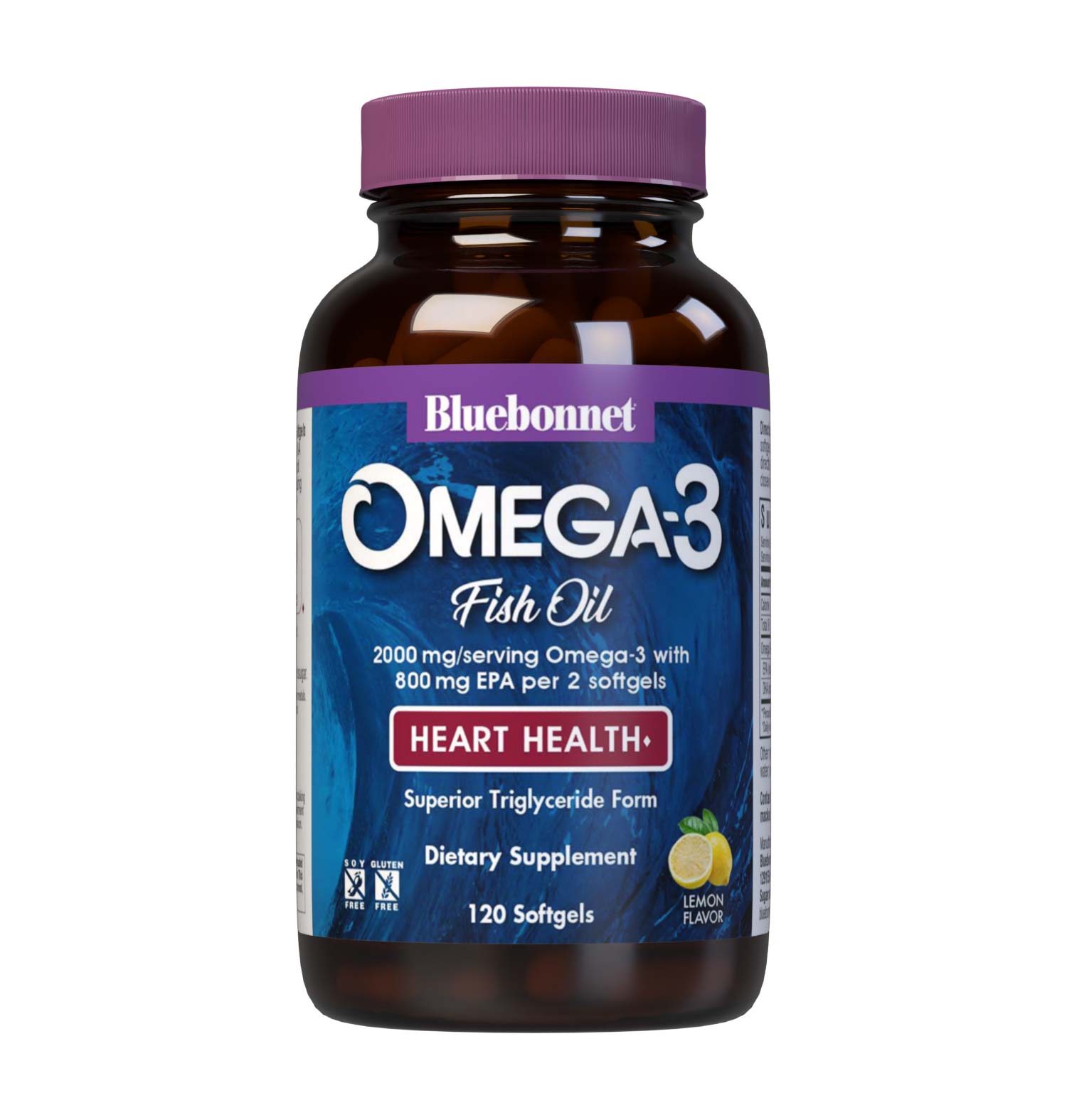 Bluebonnet’s Omega-3 Fish Oil Heart Health 120 Softgels are formulated with a specific ratio of EPA and DHA to help support heart function, blood flow, and blood pressure within the normal range by utilizing ultra-refined omega-3s from wild-caught fish. #size_120 count