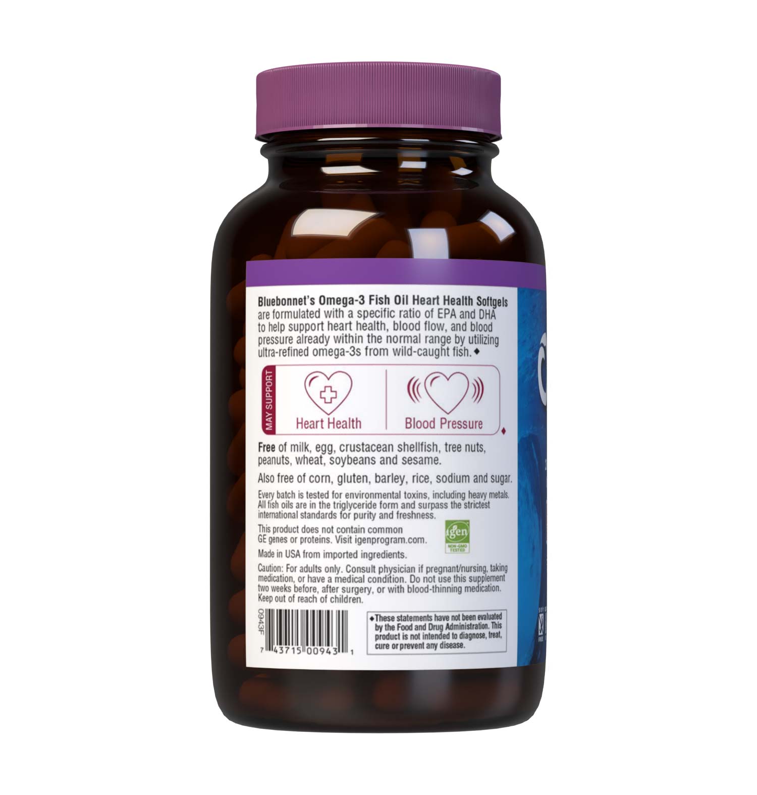 Bluebonnet’s Omega-3 Fish Oil Heart Health 120 Softgels are formulated with a specific ratio of EPA and DHA to help support heart function, blood flow, and blood pressure within the normal range by utilizing ultra-refined omega-3s from wild-caught fish. Description panel. #size_120 count