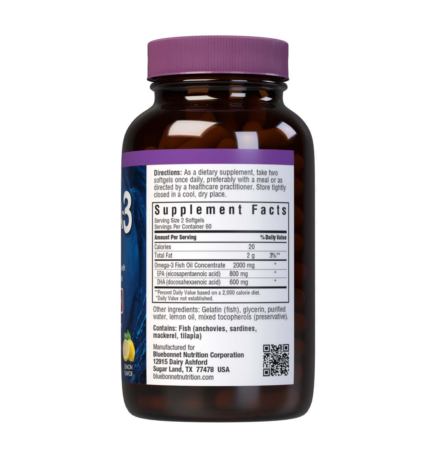 Bluebonnet’s Omega-3 Fish Oil Heart Health 120 Softgels are formulated with a specific ratio of EPA and DHA to help support heart function, blood flow, and blood pressure within the normal range by utilizing ultra-refined omega-3s from wild-caught fish. Supplement facts panel. #size_120 count