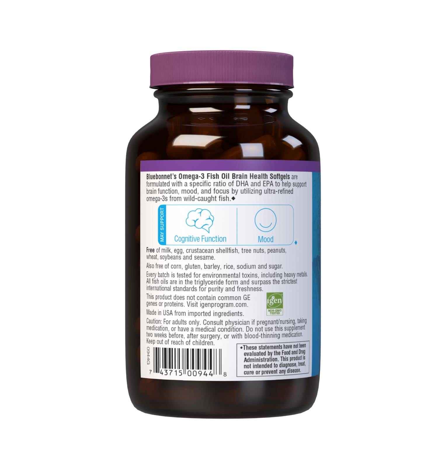 Bluebonnet’s Omega-3 Fish Oil Brain Health 60 Softgels are formulated with a specific ratio of DHA and EPA to help support brain function, mood, and focus by utilizing ultra-refined omega-3s from wild-caught fish. Description panel. #size_60 count