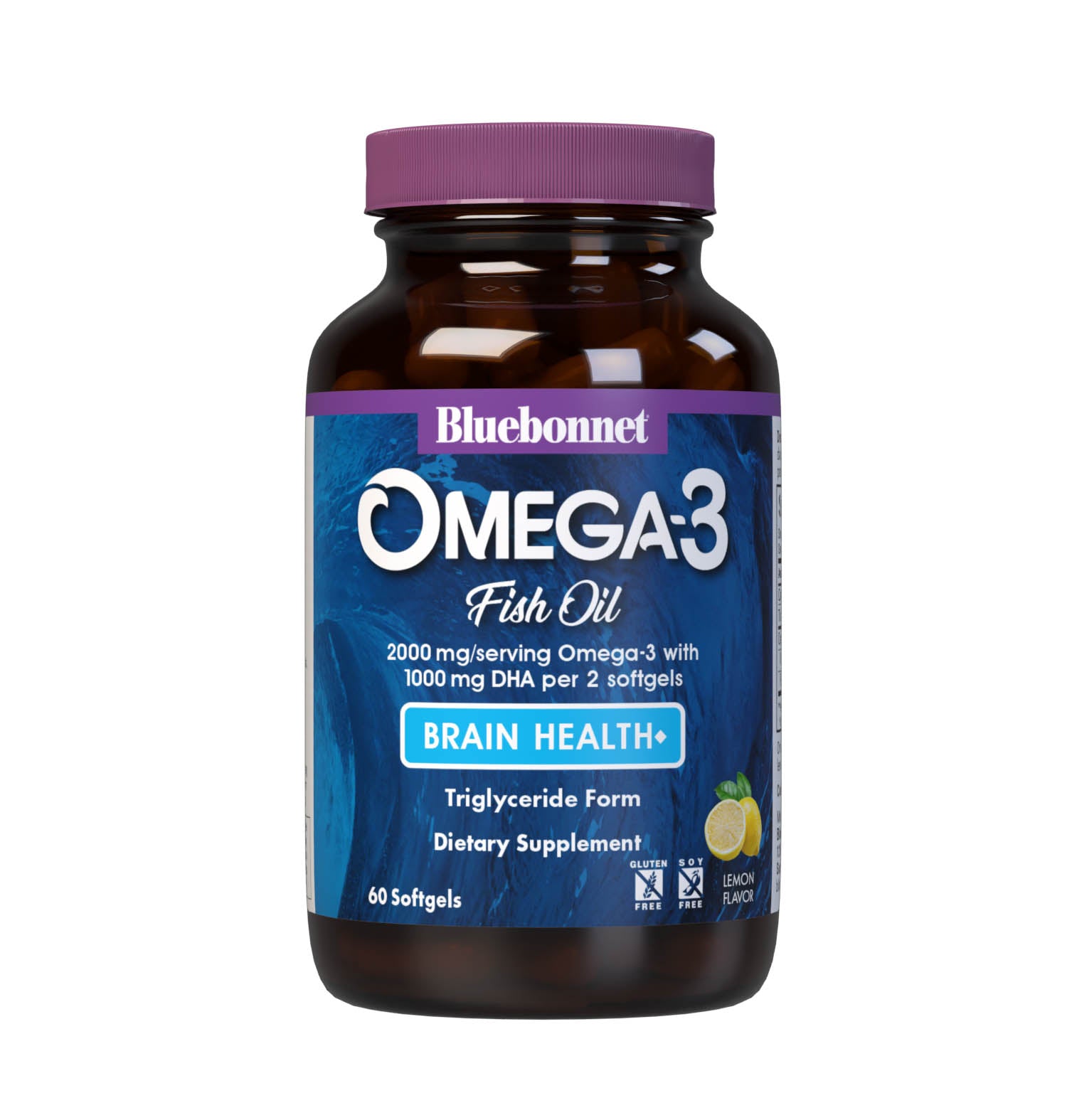 Bluebonnet’s Omega-3 Fish Oil Brain Health 60 Softgels are formulated with a specific ratio of DHA and EPA to help support brain function, mood, and focus by utilizing ultra-refined omega-3s from wild-caught fish. #size_60 count