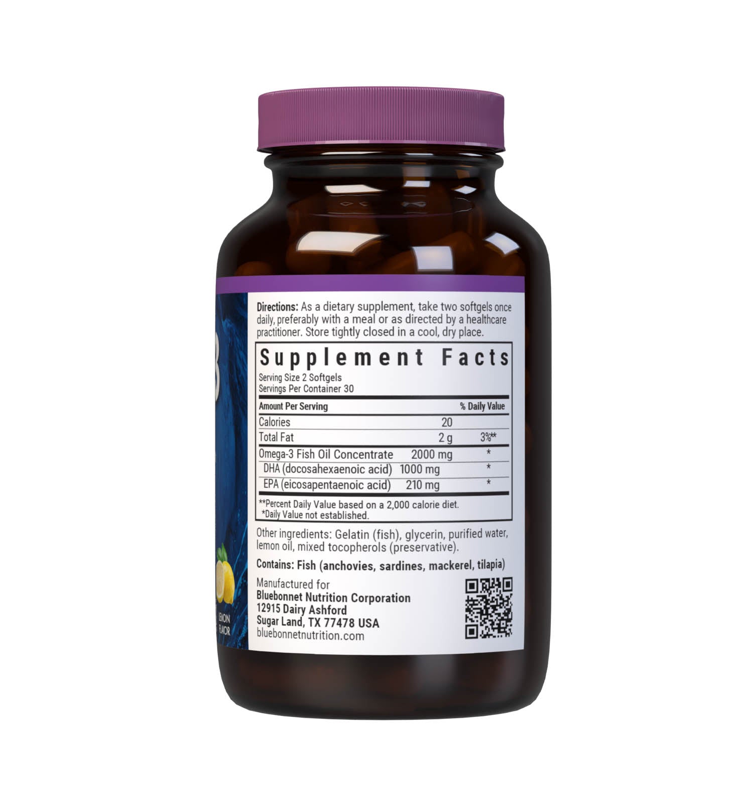 Bluebonnet’s Omega-3 Fish Oil Brain Health 60 Softgels are formulated with a specific ratio of DHA and EPA to help support brain function, mood, and focus by utilizing ultra-refined omega-3s from wild-caught fish. Supplement facts panel. #size_60 count